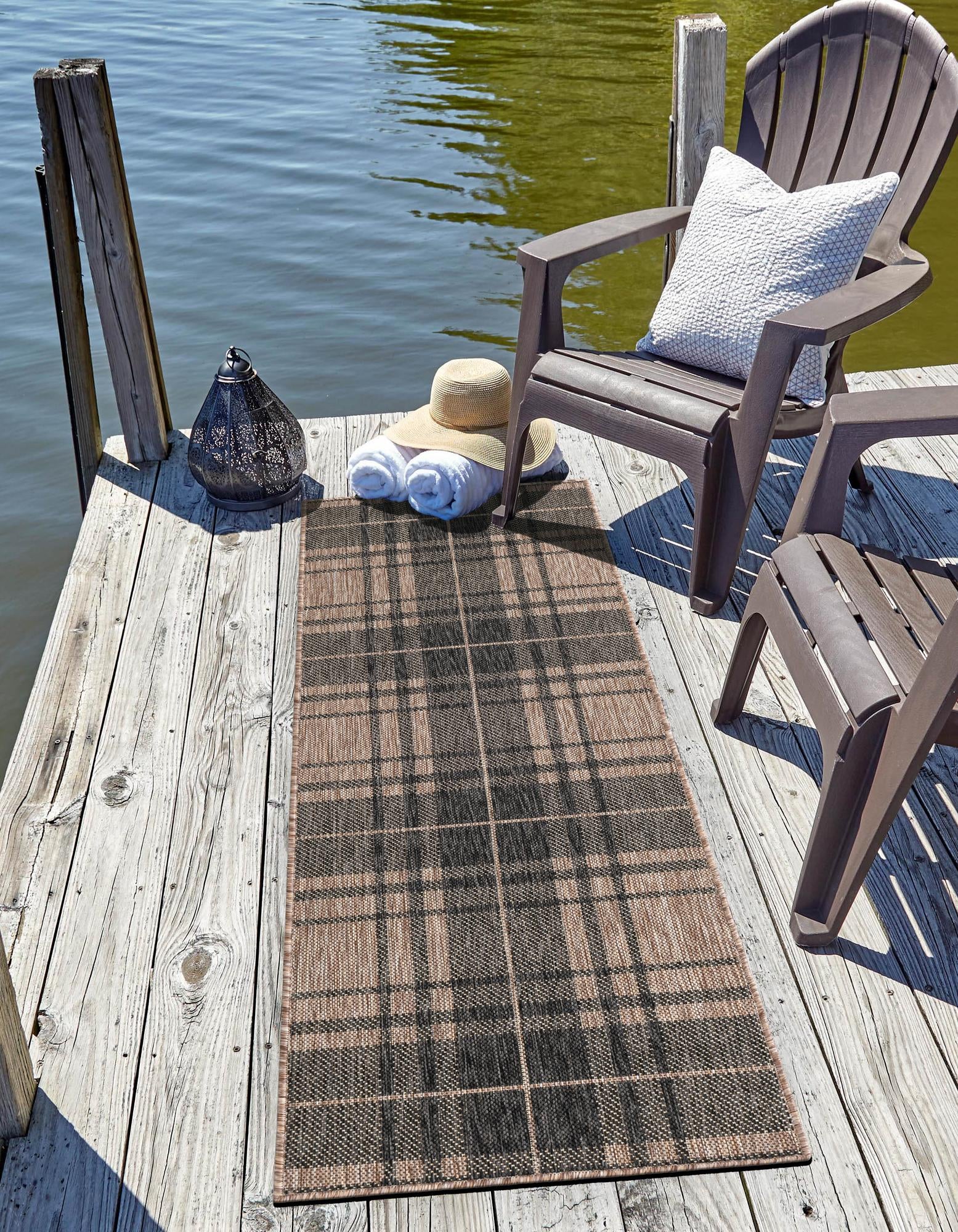 Black and Brown 2' x 8' Checkered Indoor / Outdoor Runner Rug | Rugs.com