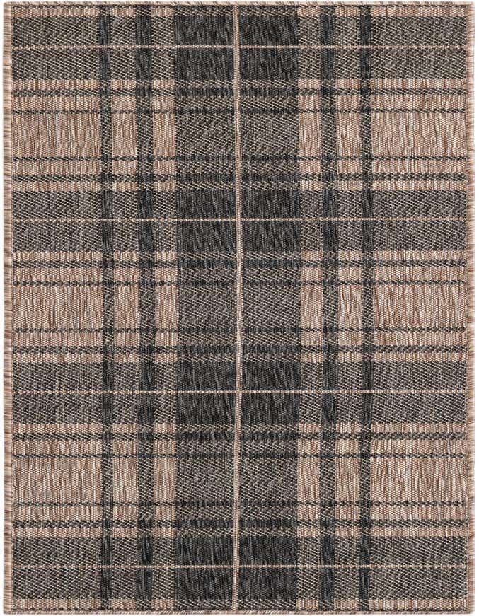 A 6 ft runner rug with a modern black and beige checkered pattern, suitable for indoor or outdoor use.