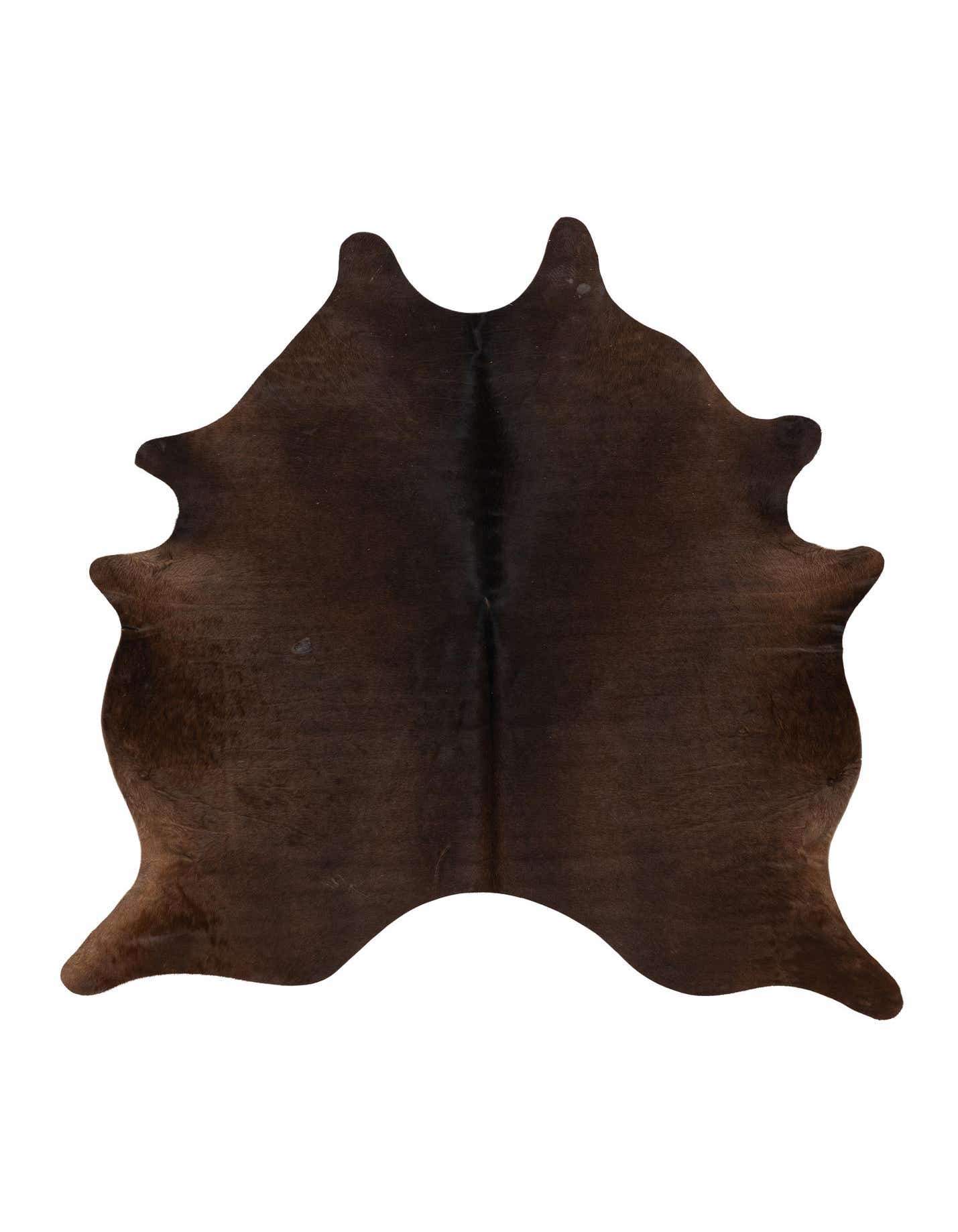 A 6' 2 x 6' 5 square cowhide rug in shades of black and brown, featuring a natural, irregular shape and flat pile.
