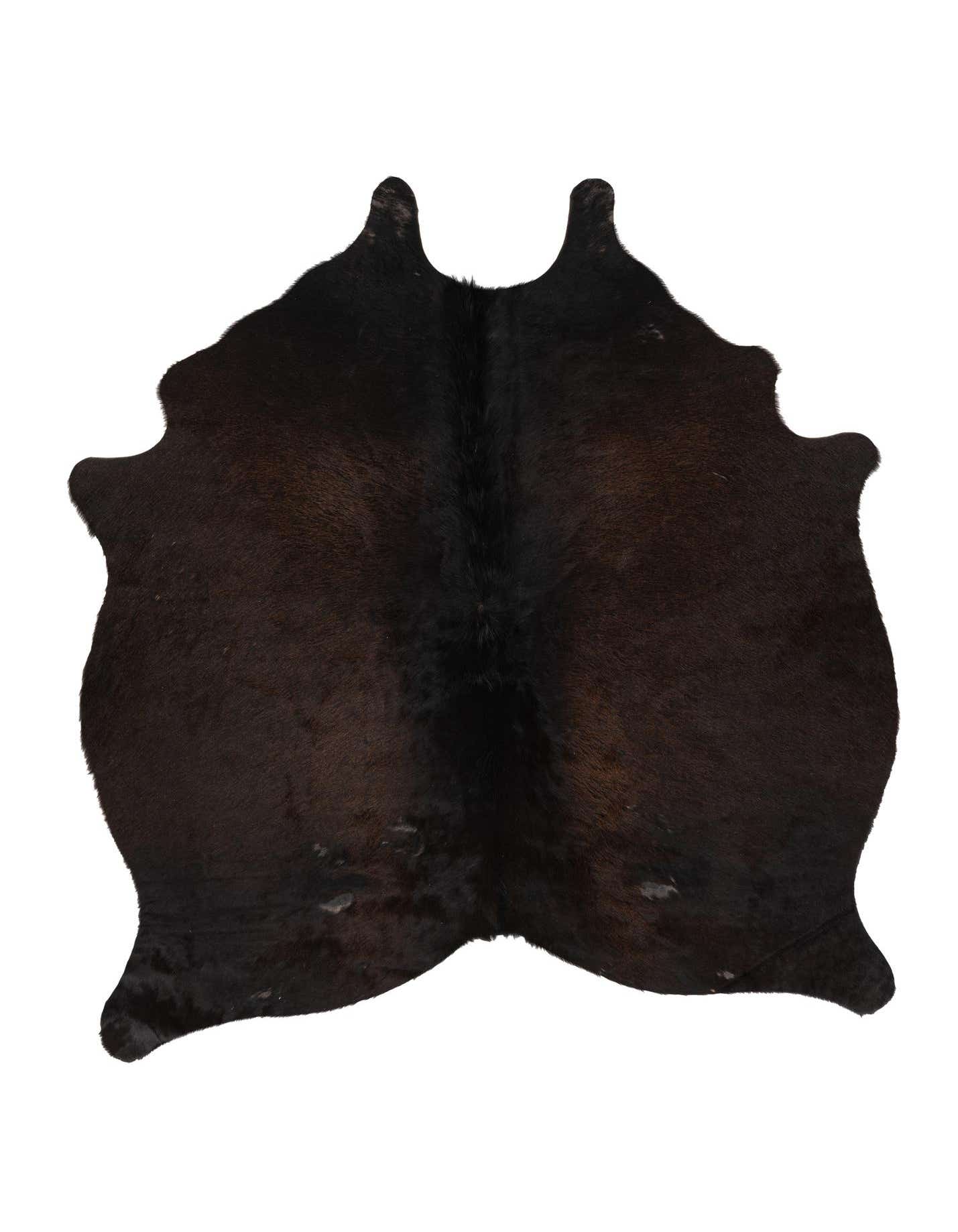 A 4' 5 x 4' 9 square black cowhide rug with a natural, irregular shape and subtle dark brown undertones.