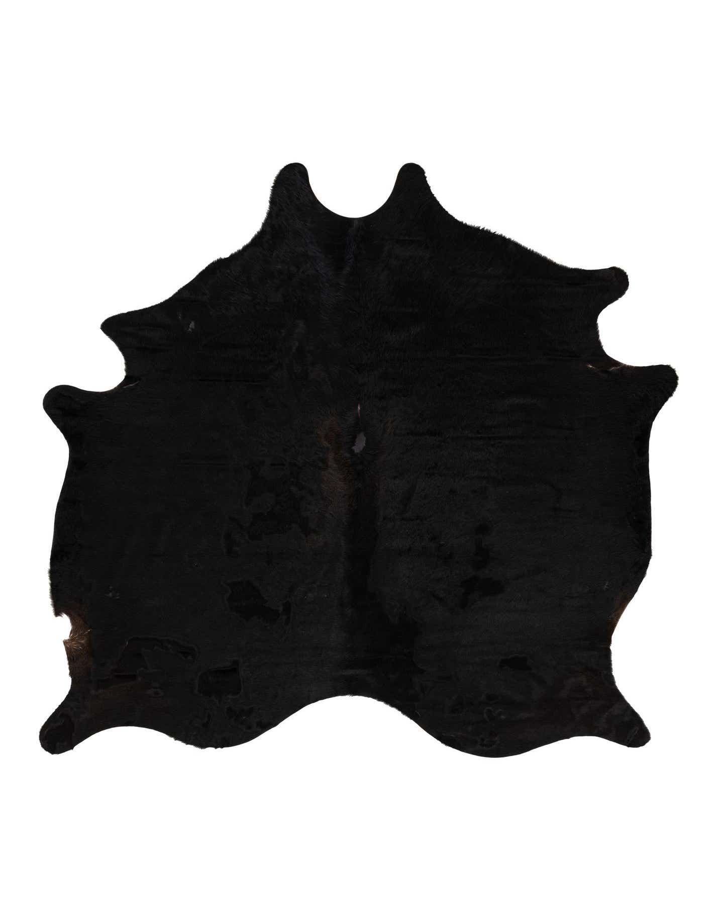 A luxurious 6' 6 x 6' 11 black cowhide leather rug with natural, irregular edges, showcasing its modern style.