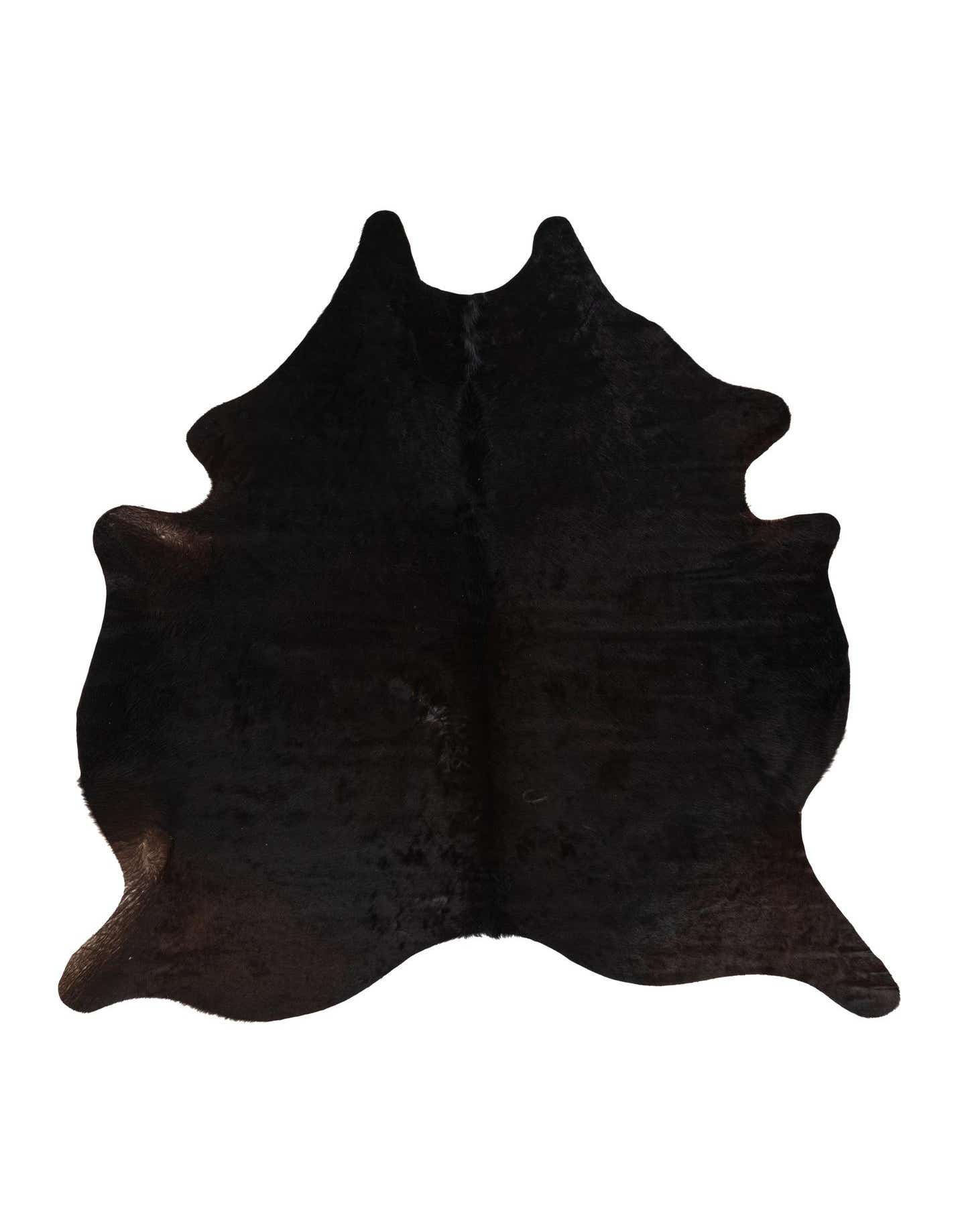 A 6' 2 x 6' 8 black cowhide leather rug with an irregular, organic shape, perfect for a modern living space.