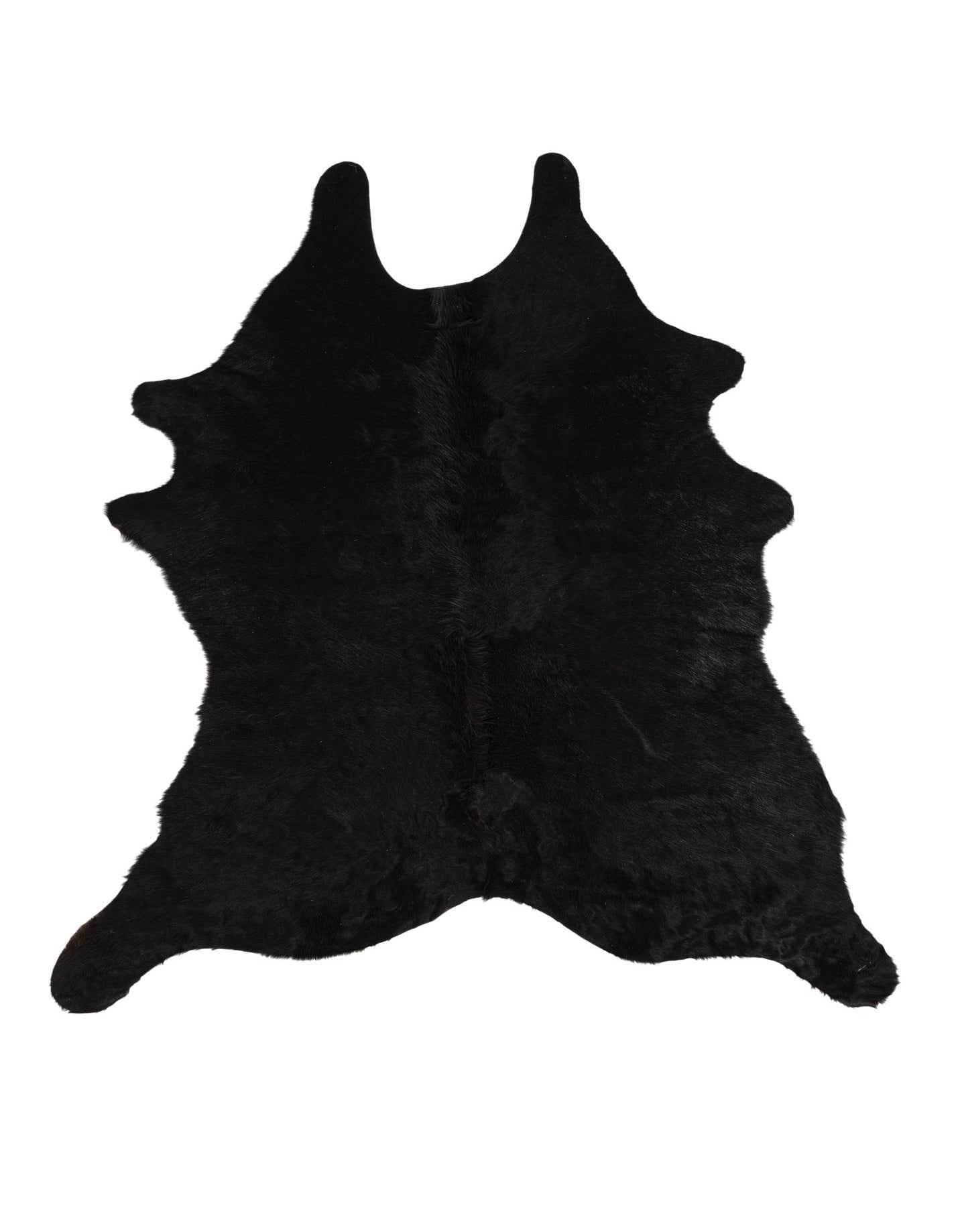 A luxurious 5'4" x 5'7" square black cowhide rug with a natural, irregular shape, showcasing its soft, flat texture.