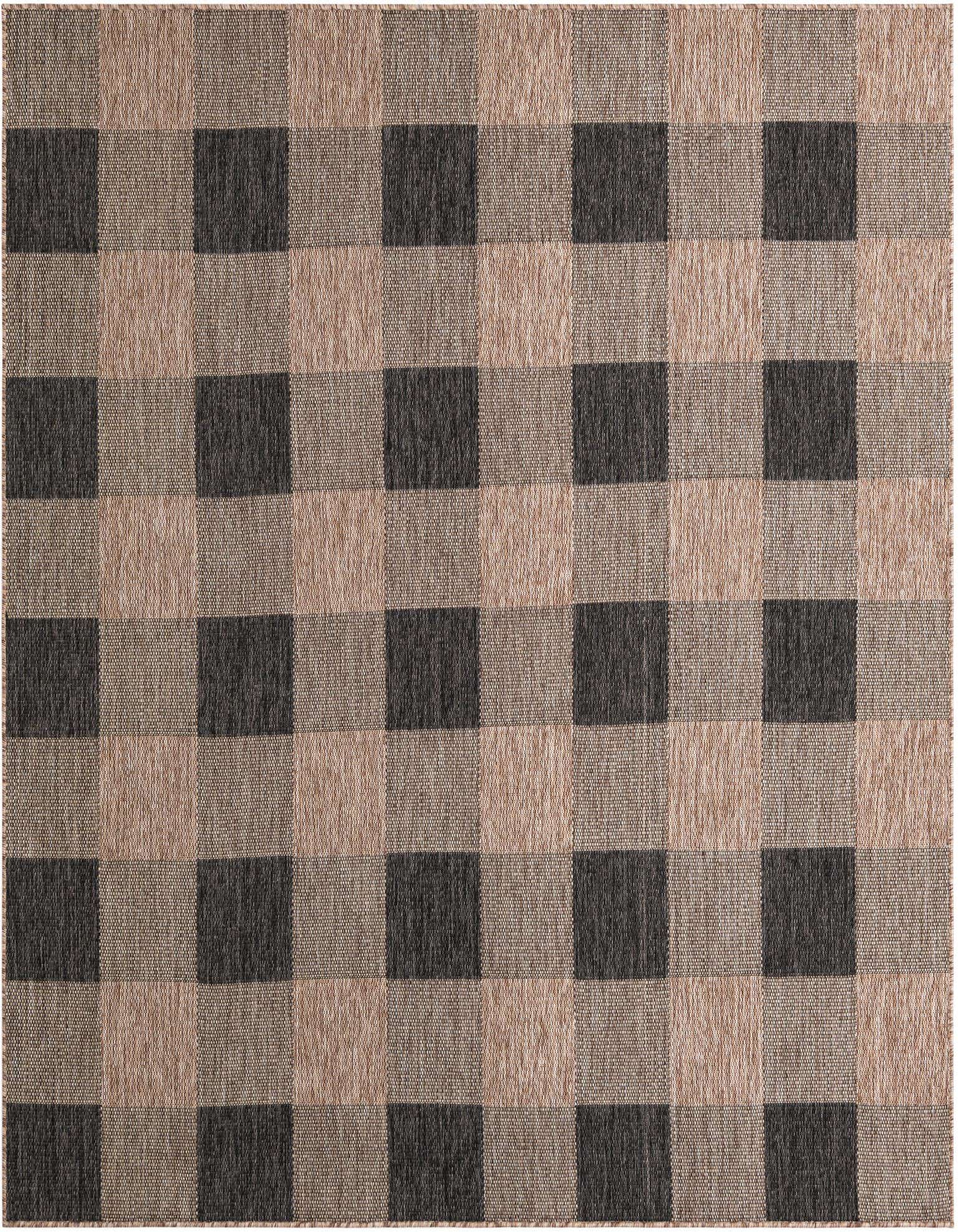 A 7' 10 x 7' 10 square black and tan checkered rug with a flatweave texture, suitable for indoor or outdoor use.