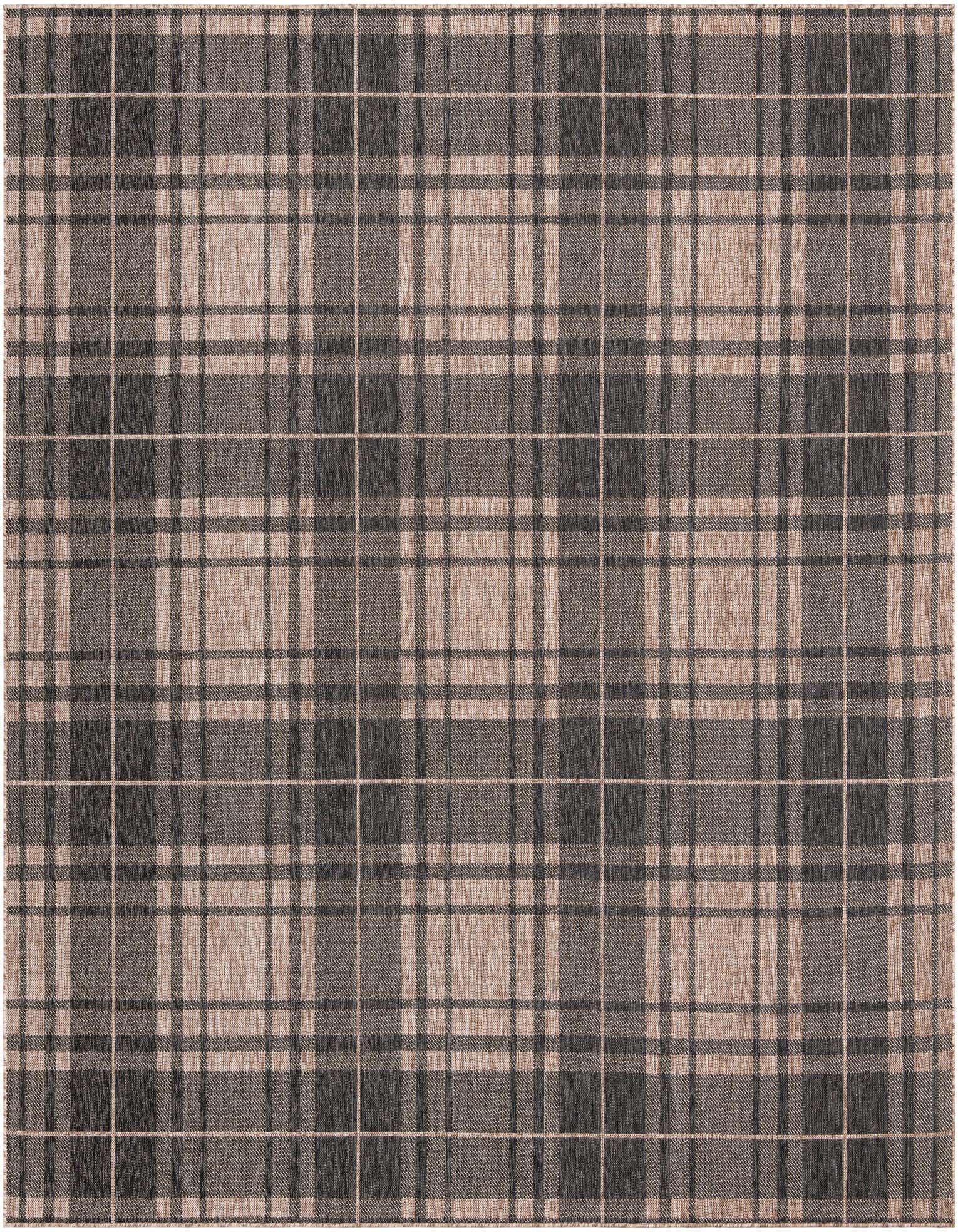 A 10'x10' square black and beige plaid rug with a modern flatweave design, suitable for indoor or outdoor use.