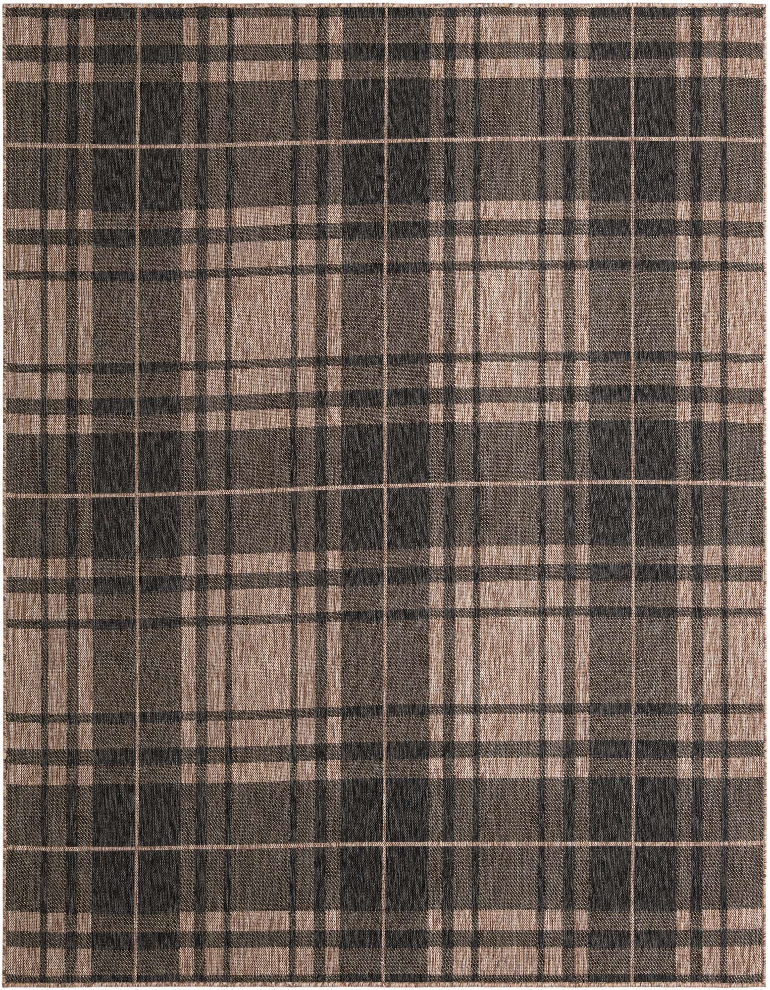 A 7' 10 x 7' 10 square black and beige plaid rug with a modern checkered pattern, suitable for indoor or outdoor use.