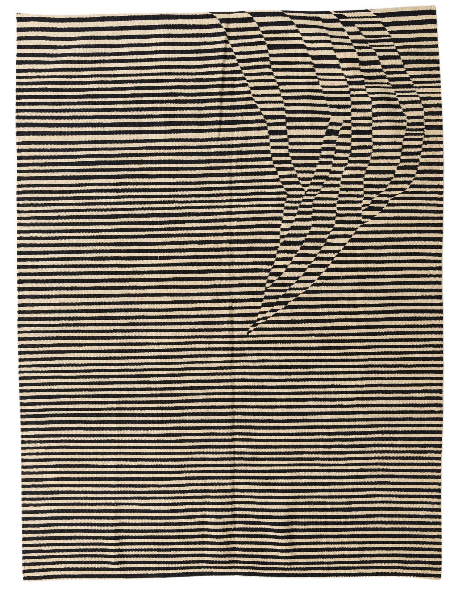 A 5x8 rectangular Kilim Modern wool rug featuring black and ivory stripes with a unique curved tribal pattern in the upper right.