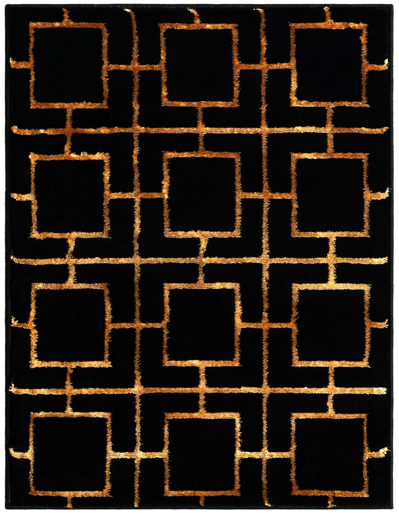 A 2x3 rectangular black rug with a modern gold trellis pattern, featuring a textured, high pile.