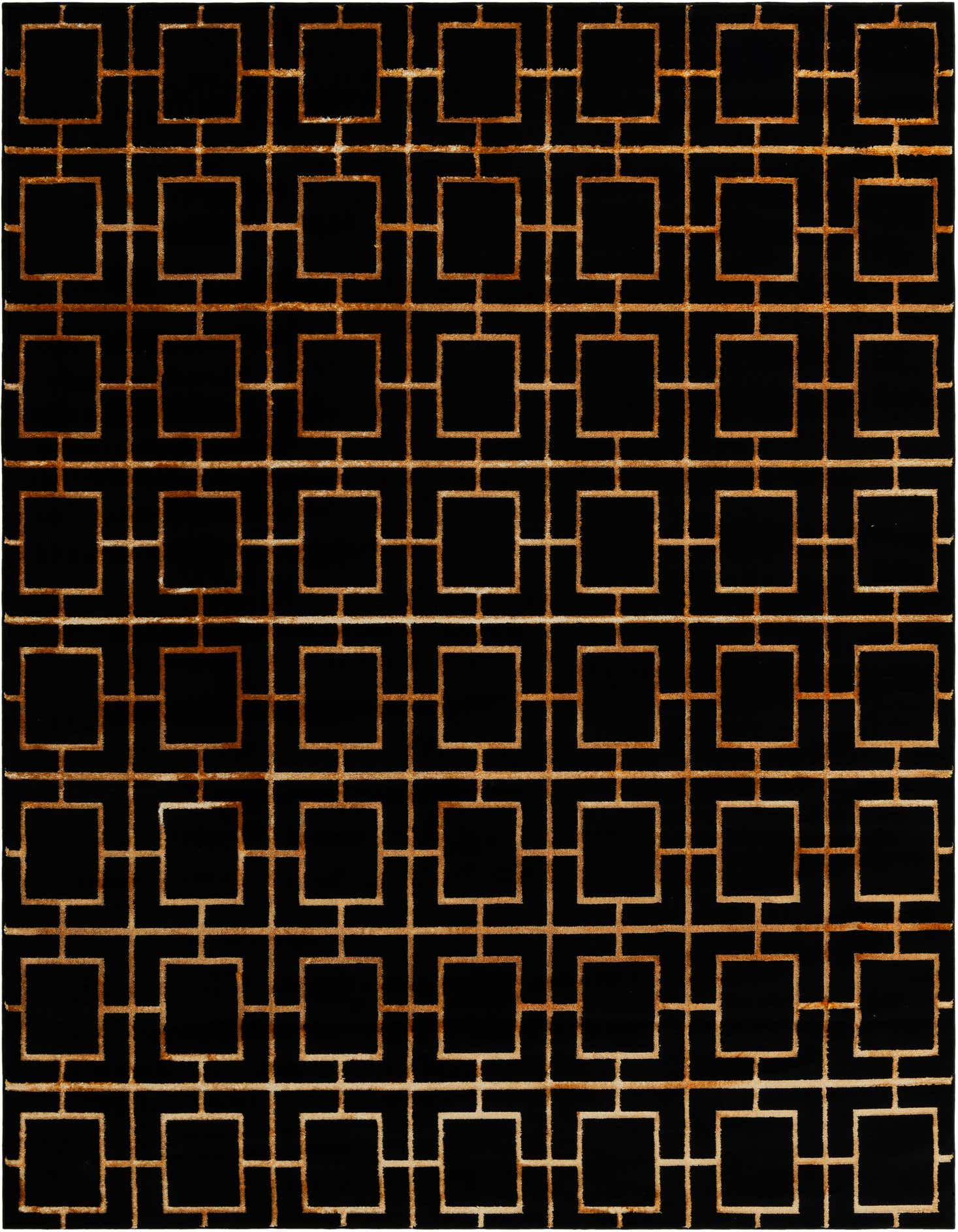 A 9x12 rectangular black rug with a modern gold trellis pattern, suitable for a living room or bedroom.