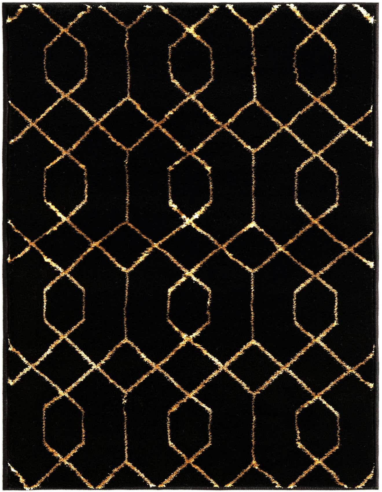 A 2x3 rectangular Marilyn Monroe Glam Trellis rug featuring a modern gold geometric trellis pattern on a black background.