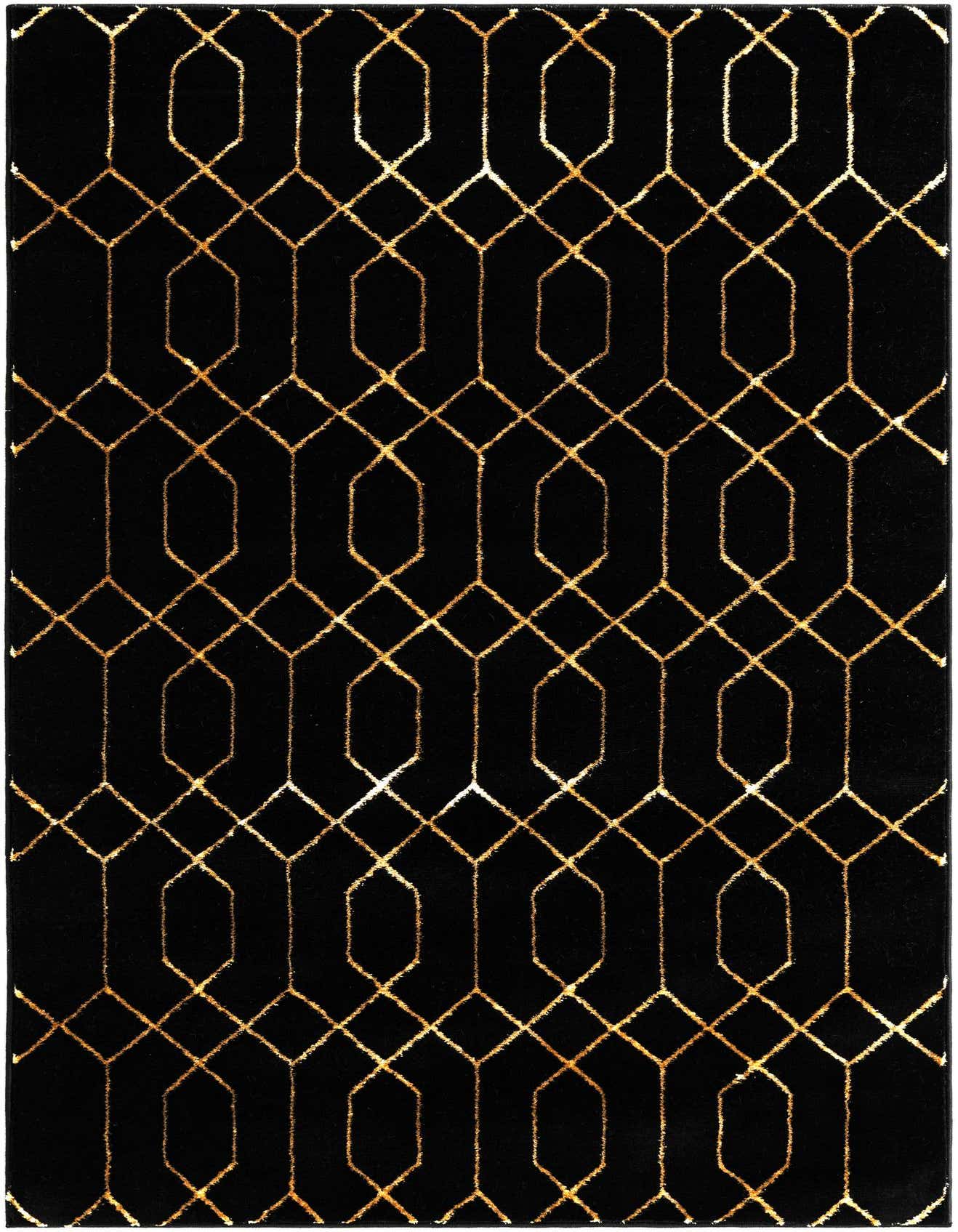 A 4x6 rectangular black modern rug featuring a shimmering gold geometric trellis pattern, suitable for a living room.