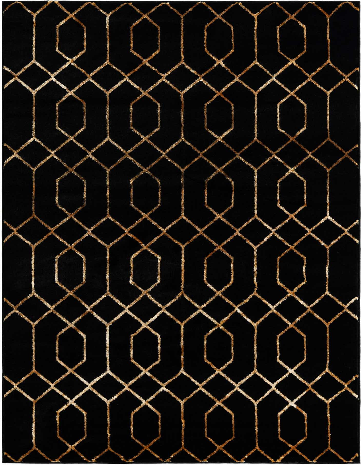 A rectangular 5x7 black modern rug with a gold geometric trellis pattern, suitable for a living room.
