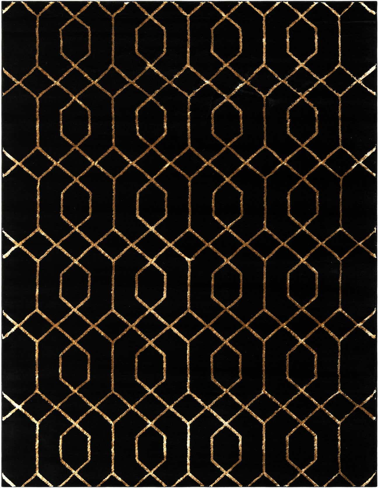 A 6x9 rectangular Marilyn Monroe Glam Trellis rug featuring a modern gold geometric trellis pattern on a black background.