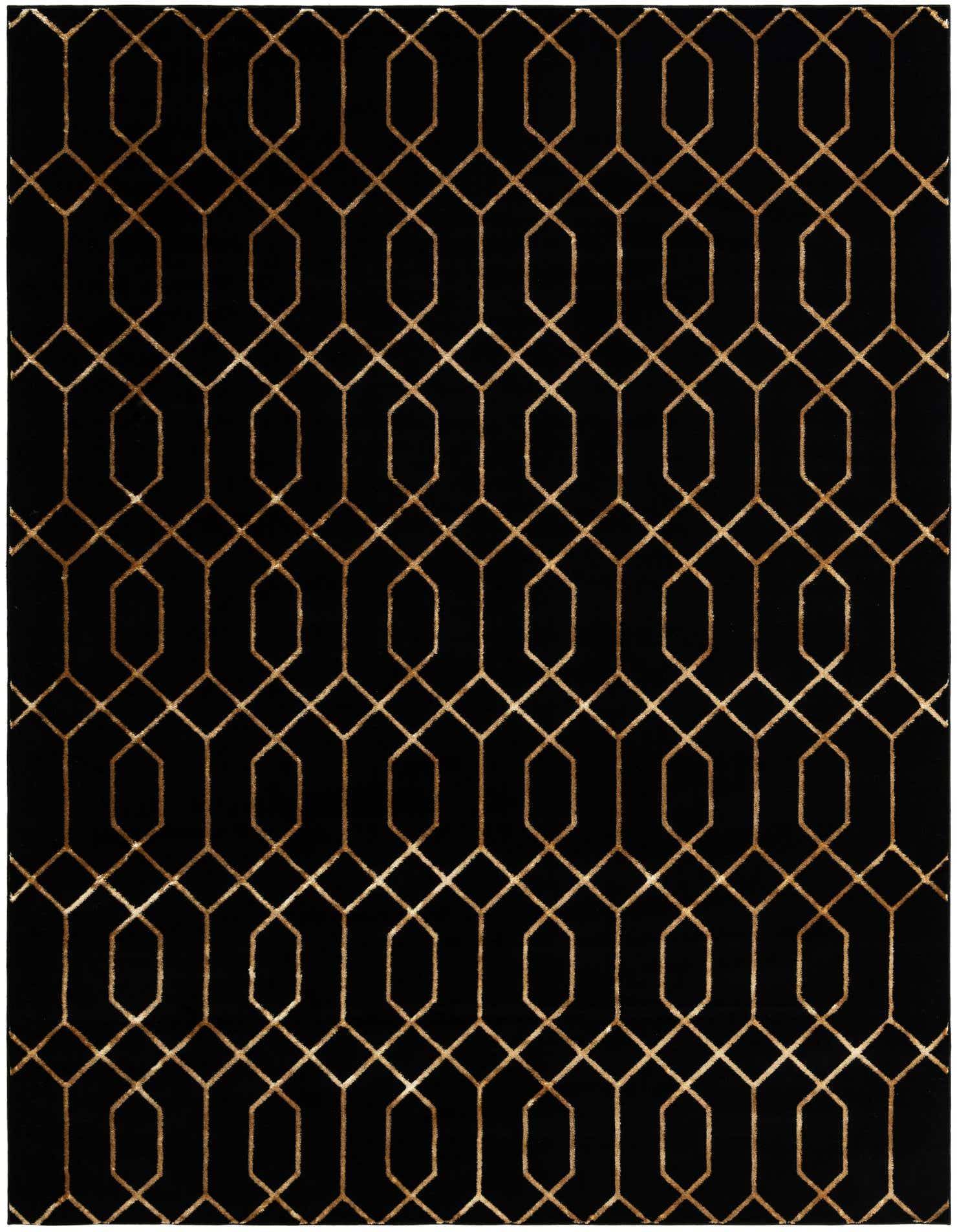 A 9x12 rectangular black area rug with a modern gold geometric trellis pattern, suitable for a living room.