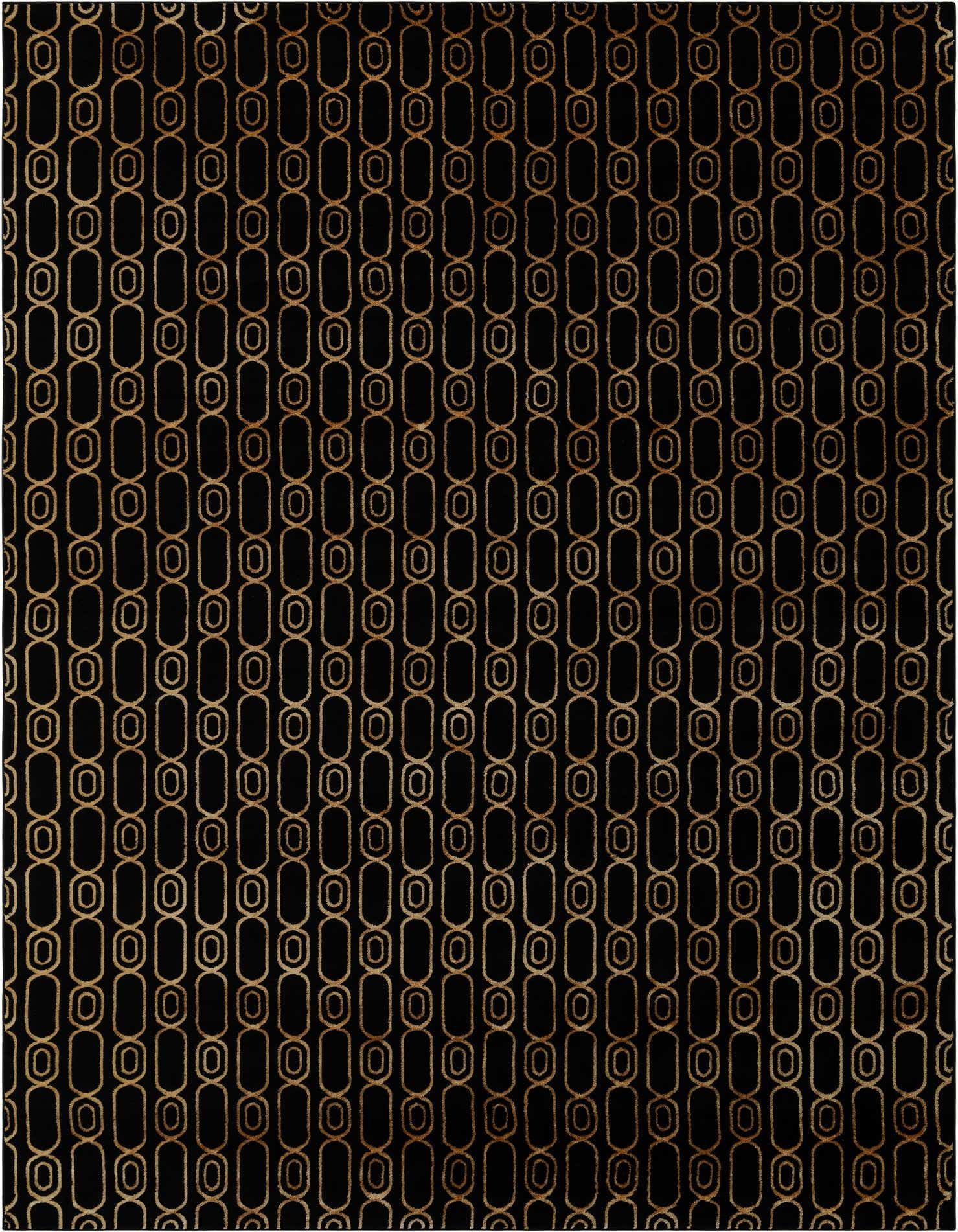 A 10x13 rectangular black modern area rug featuring a repeating pattern of interconnected gold oval and circular links, ideal for a living room.