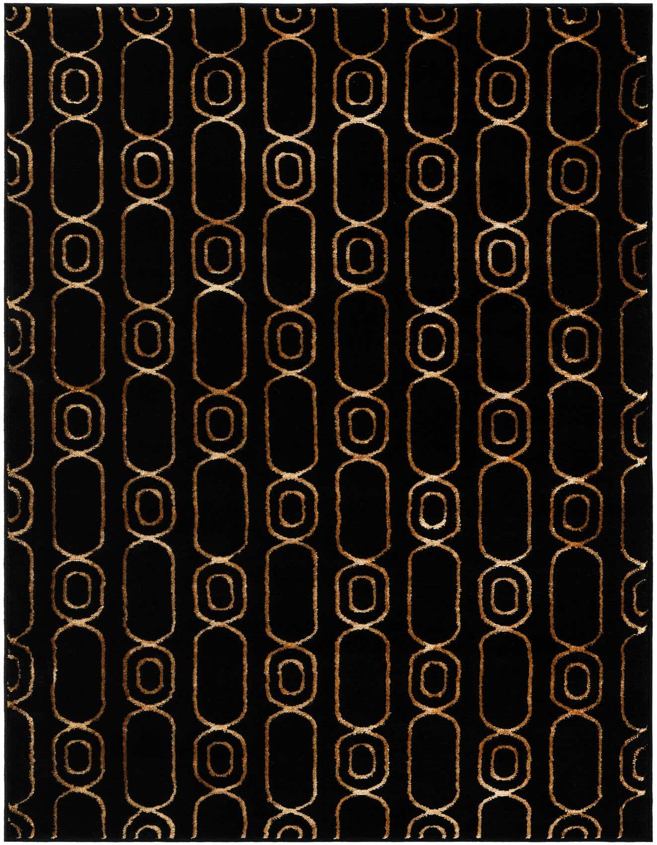 A 4x6 rectangular black modern area rug with a repeating gold geometric chain-link pattern.