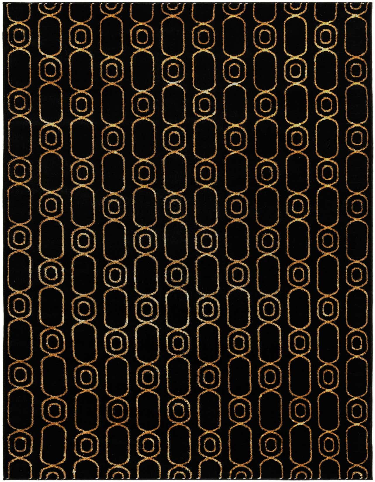 A black 5x8 rectangular area rug featuring a repeating pattern of interconnected gold oval and circular shapes, creating a modern geometric design.