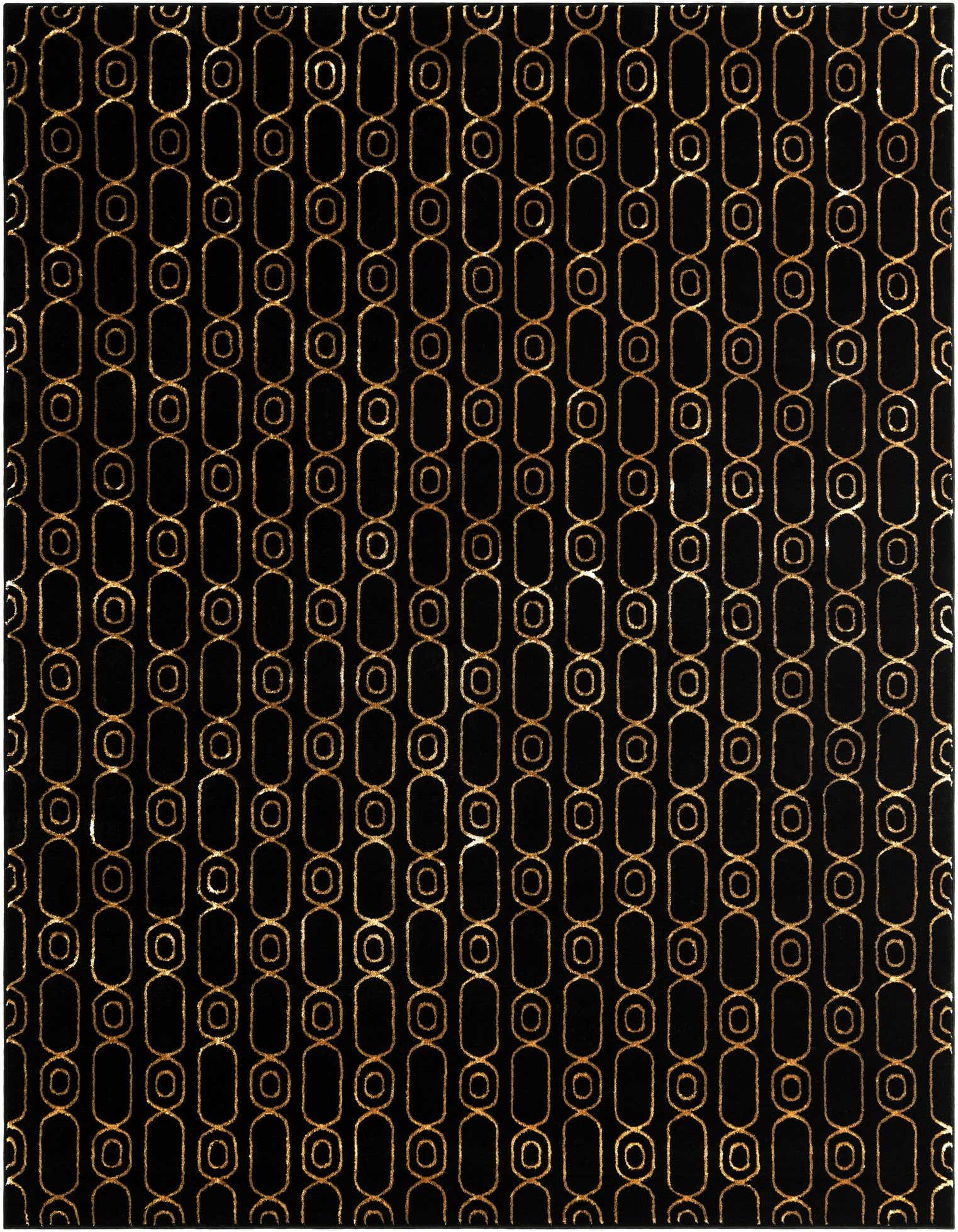 A rectangular 8x10 black modern rug with a repeating gold geometric chain-link pattern, ideal for a living room.