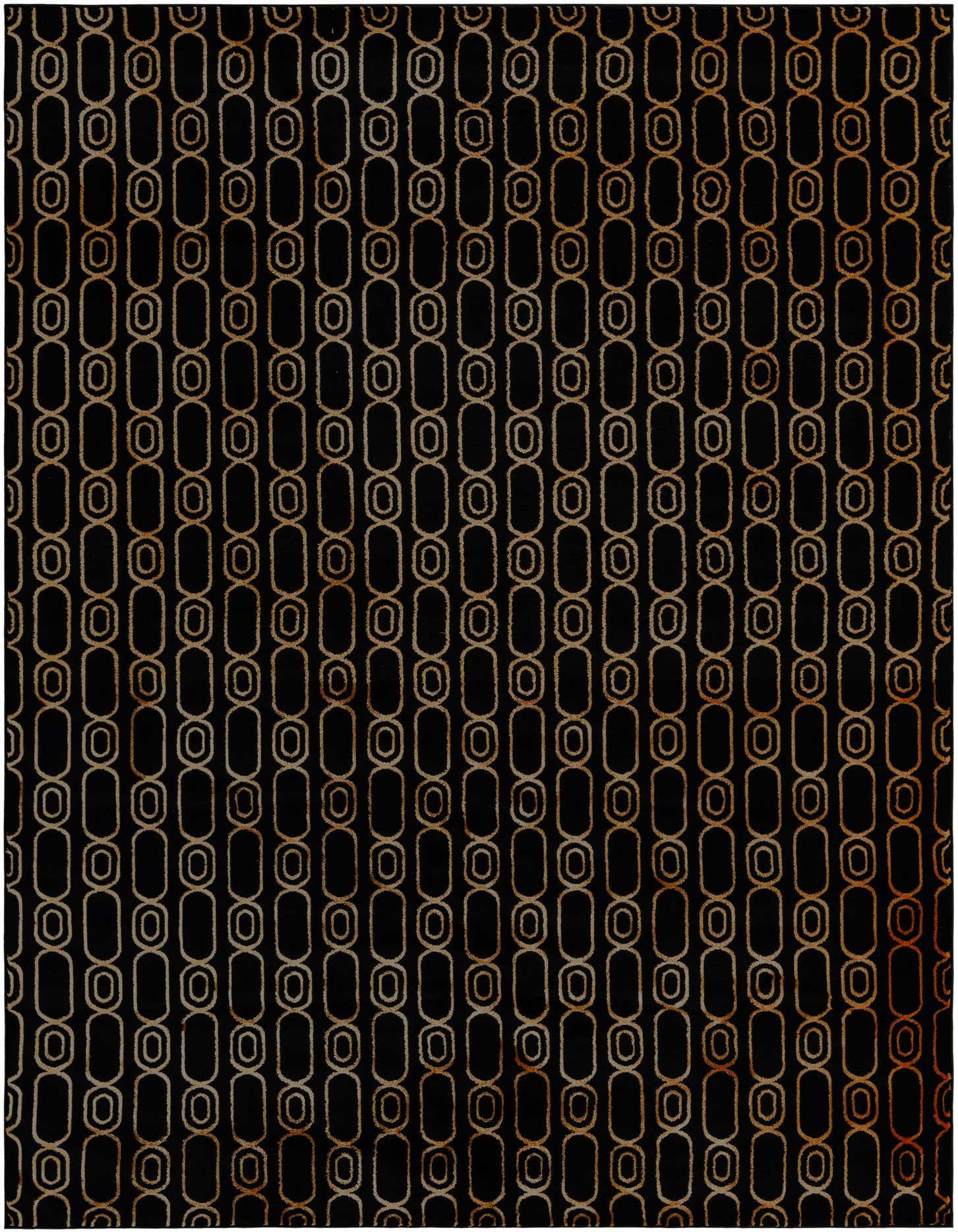 A 9x12 rectangular black area rug with a repeating pattern of interconnected gold and yellow oval links.