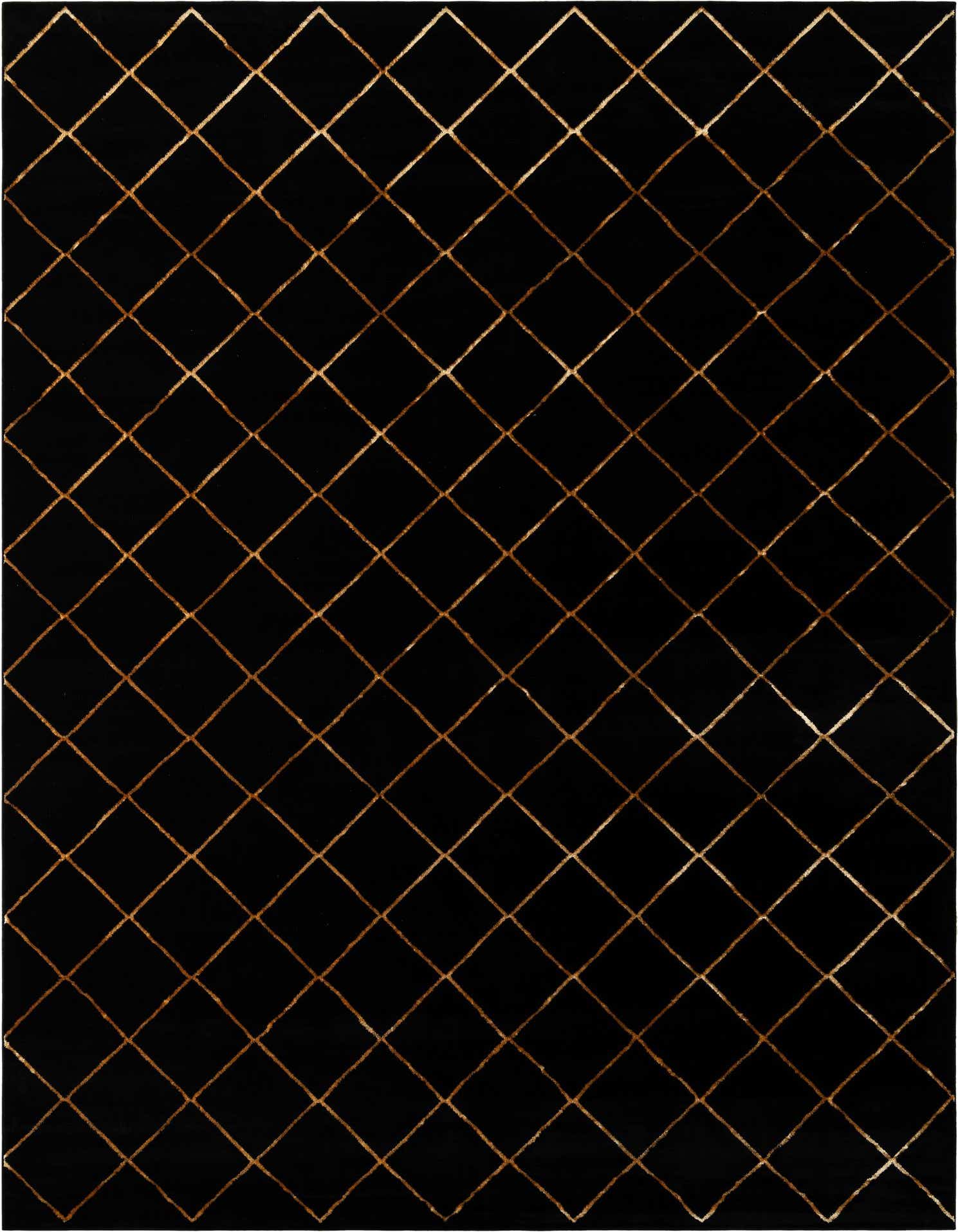 A 10x13 rectangular black area rug with a modern gold diamond trellis pattern, ideal for a living room.