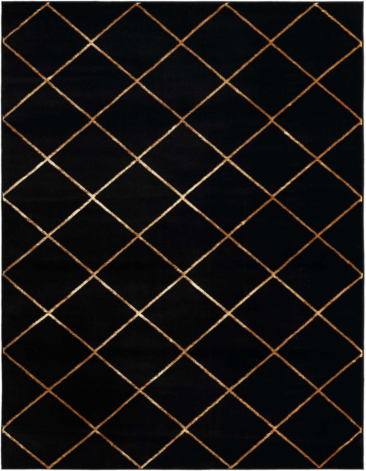 A 5x8 rectangular black area rug with a repeating gold diamond trellis pattern, suitable for a modern living room.