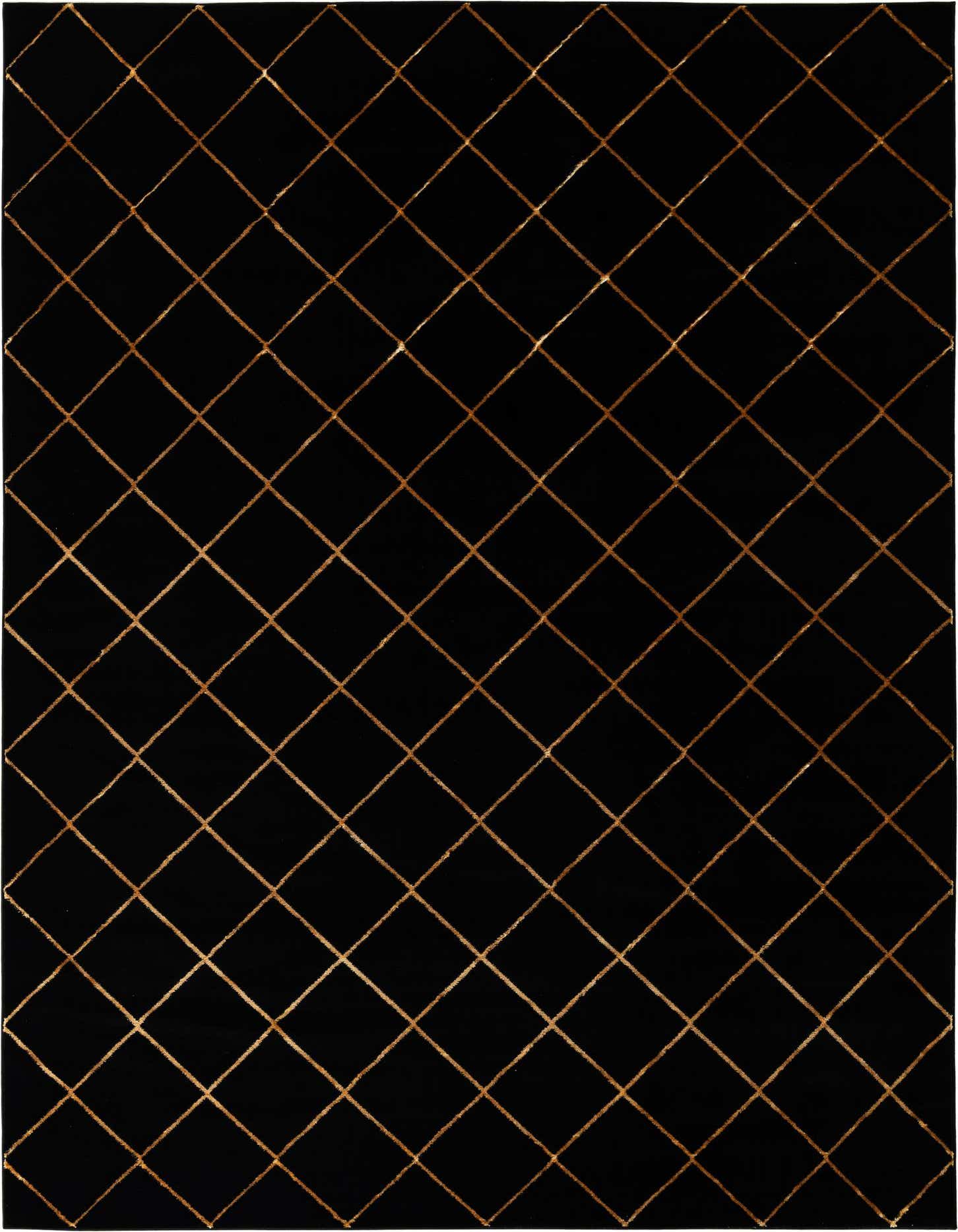 A 9x12 rectangular black area rug with a repeating gold diamond lattice pattern, suitable for a living room.