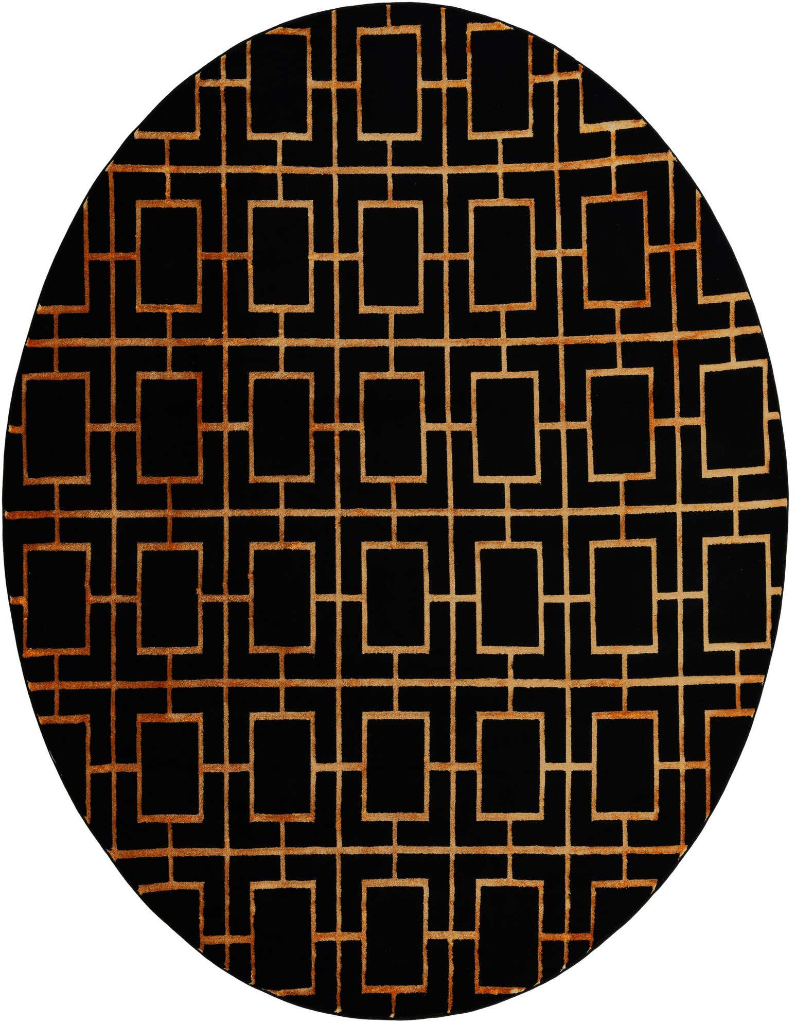 A 10' round black rug with a repeating modern gold trellis pattern, suitable for a living room or patio.