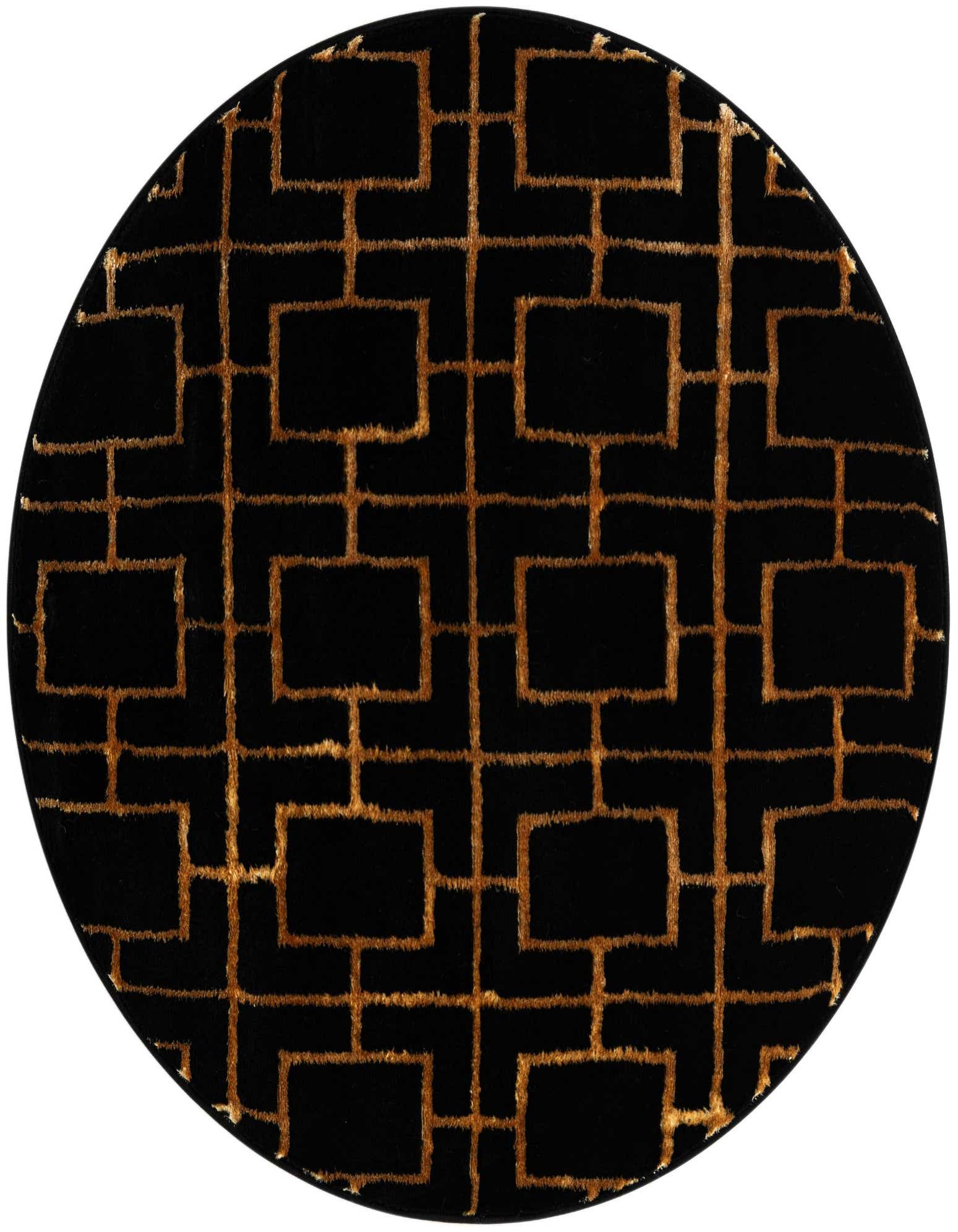 A round black area rug with a modern gold geometric trellis pattern, featuring a textured pile.