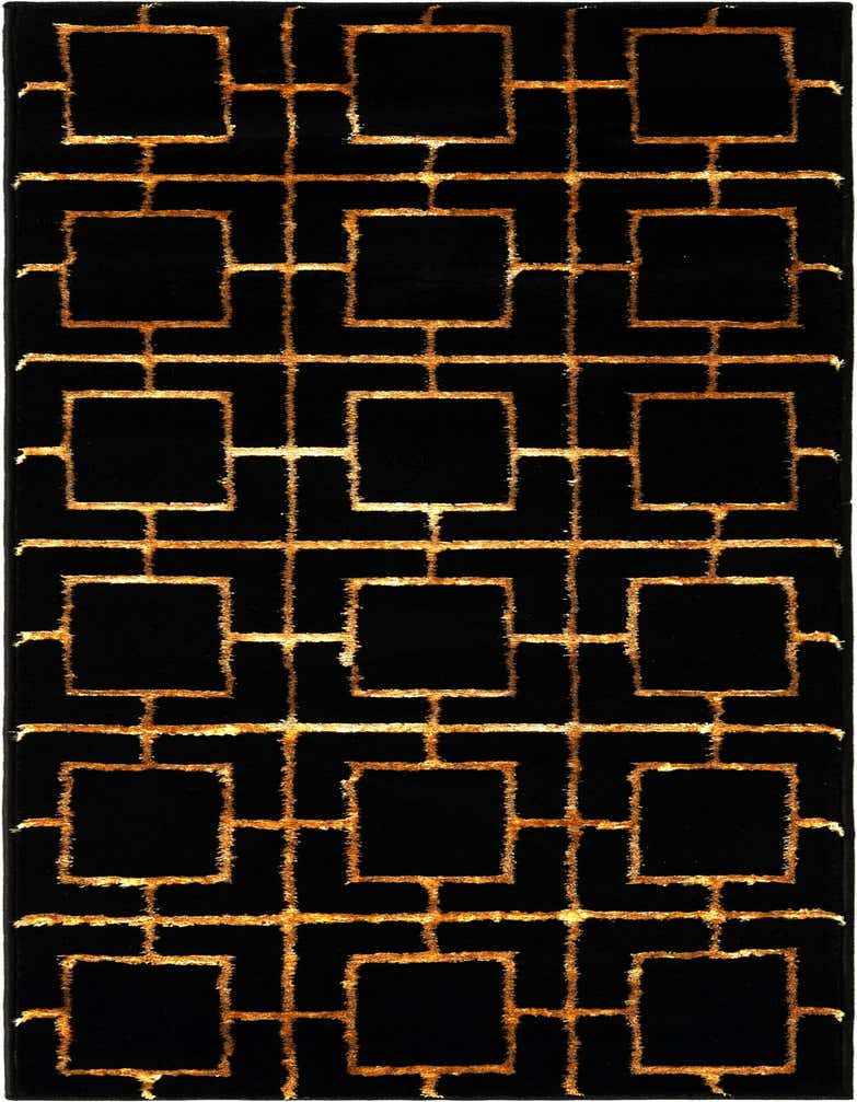 A 5 ft runner rug with a modern black background and a textured gold geometric trellis pattern.