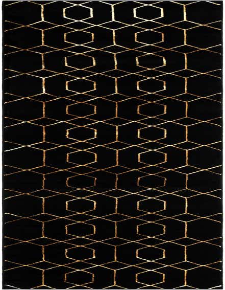 A long black runner rug with a repeating modern gold geometric trellis pattern, ideal for a hallway.