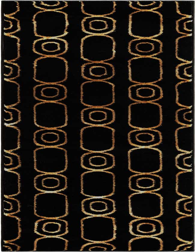 A 6 ft runner rug with a bold black background and a repeating pattern of textured gold oval and circular shapes, ideal for a hallway.