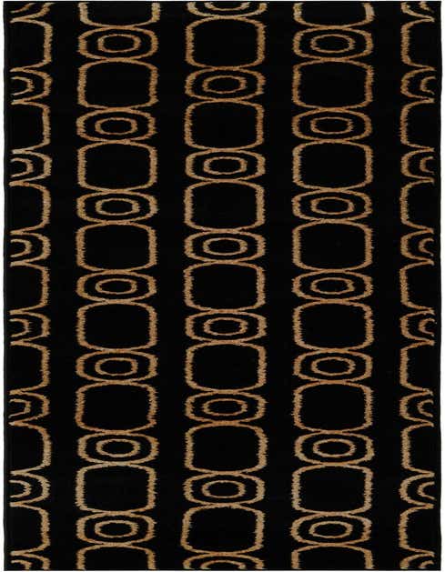 A black 8 ft runner rug with a repeating pattern of interconnected gold ovals and rounded rectangles, perfect for a hallway.