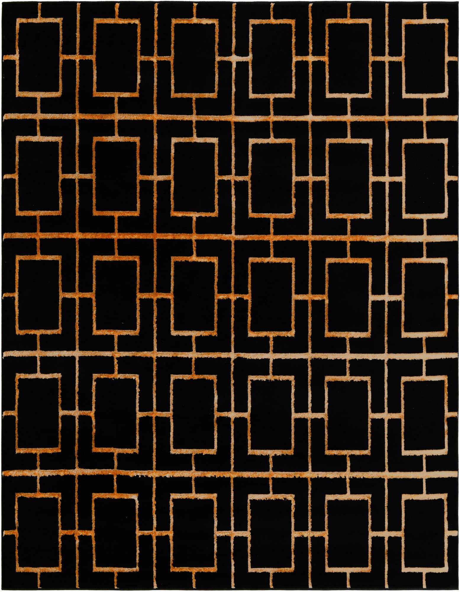 A 7' 10 x 7' 10 square black modern rug with a bold gold geometric trellis pattern, suitable for a living room.