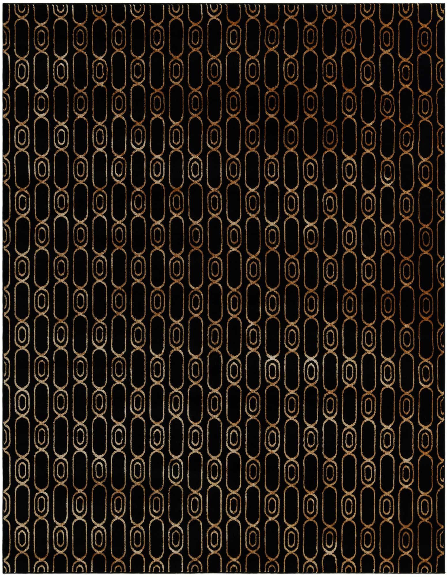 A black square area rug with a repeating pattern of interconnected gold ovals, offering a modern geometric design.