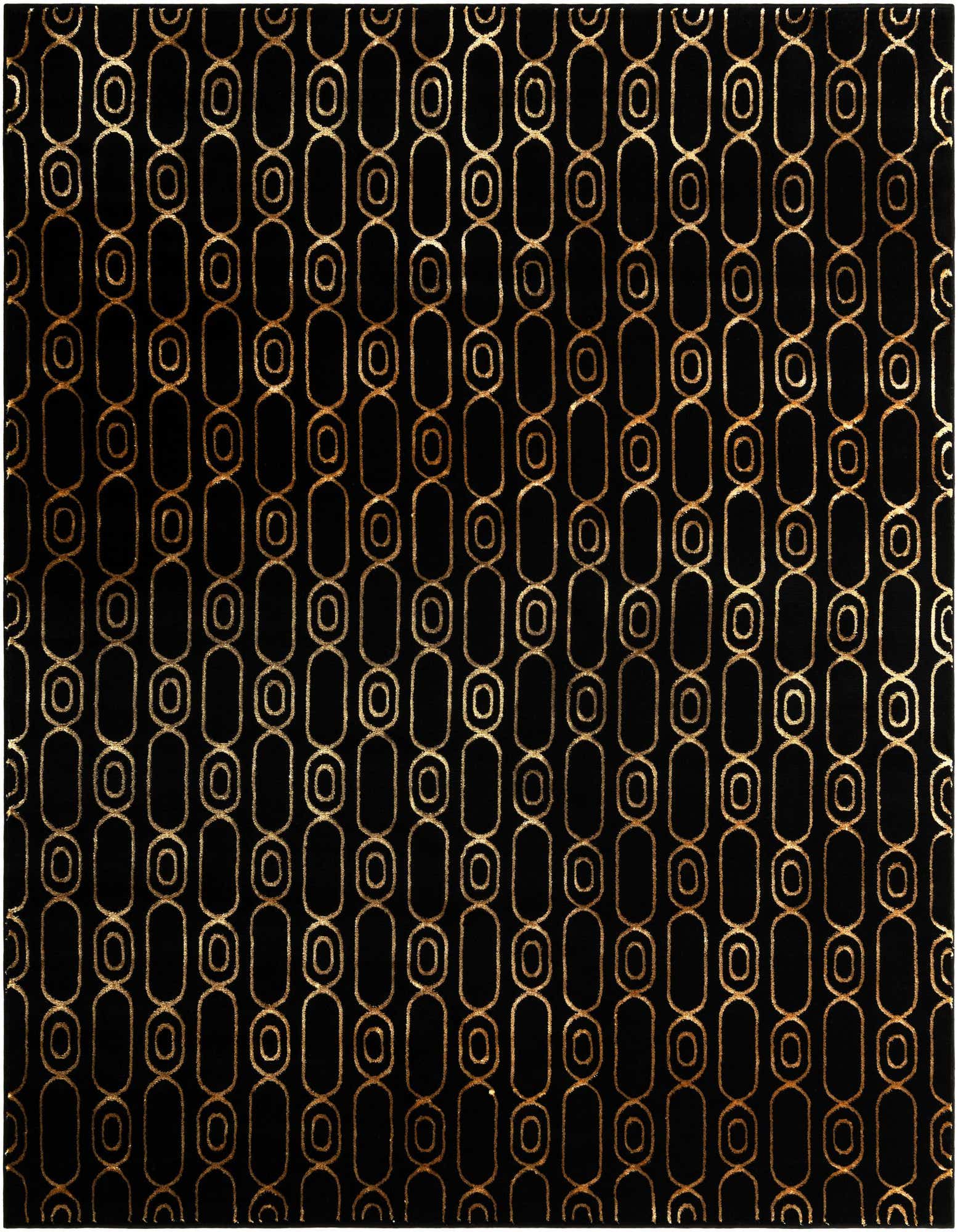 A black square rug with a modern geometric pattern of interconnected gold ovals and links, offering a sophisticated indoor accent.