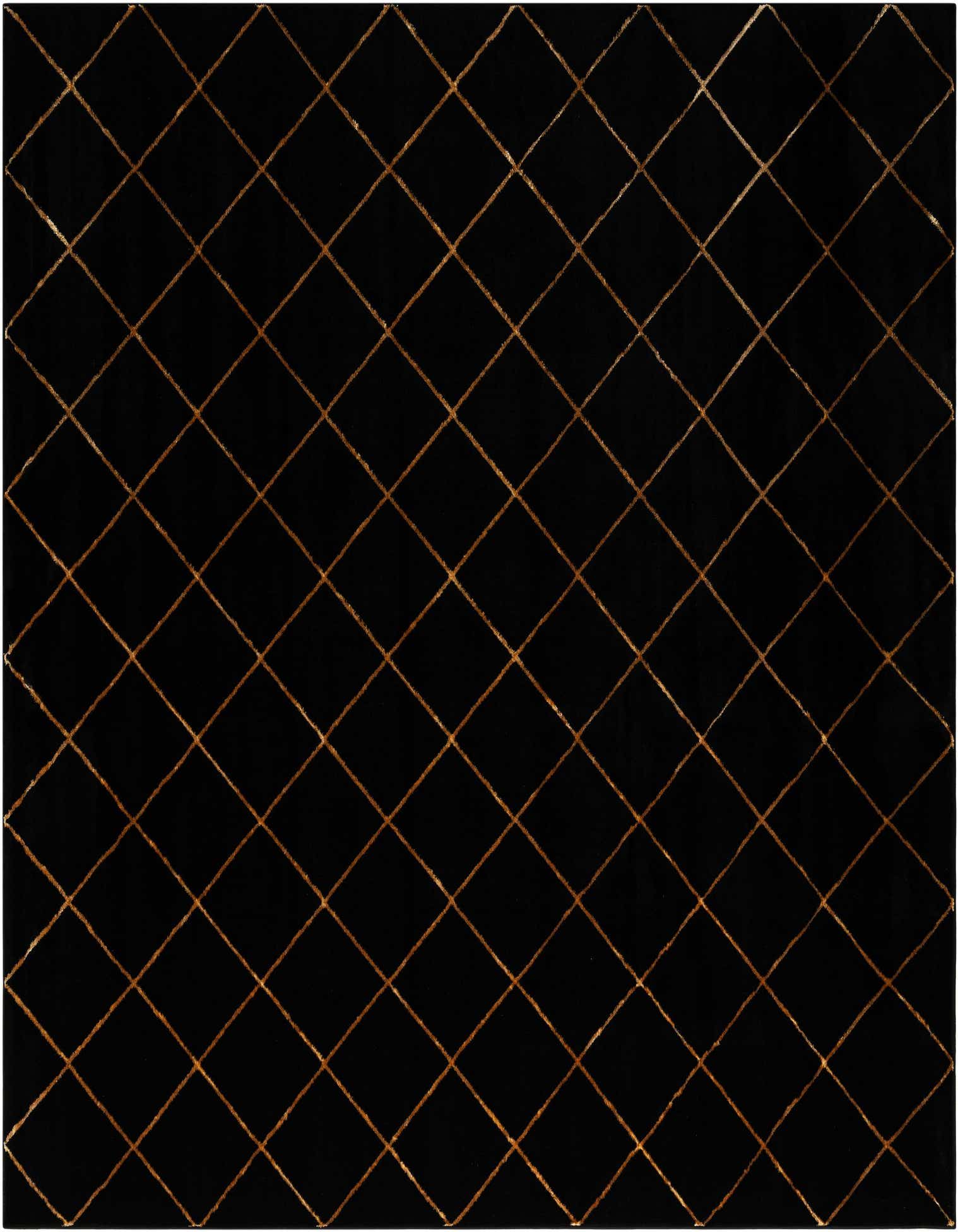 A 10'x10' square black modern rug with a gold diamond lattice pattern, featuring a textured, medium pile.