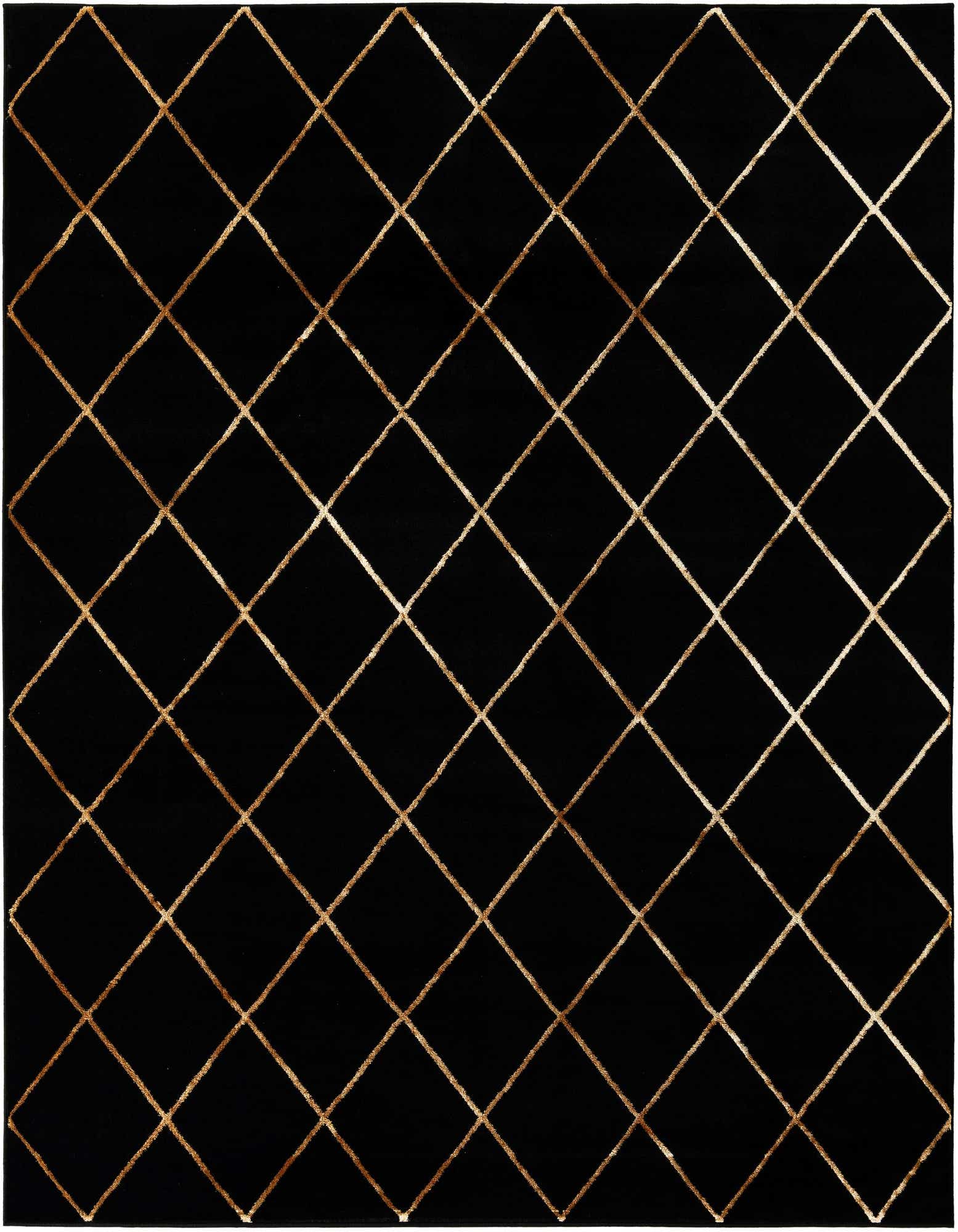 A black square rug with a repeating gold diamond lattice pattern, suitable for a modern living space.