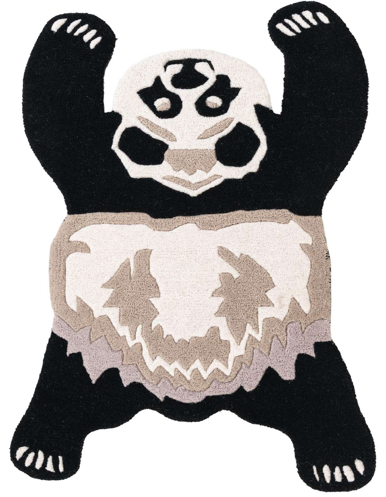 A black, white, and gray freeform rug shaped like a playful panda bear, with textured high pile.