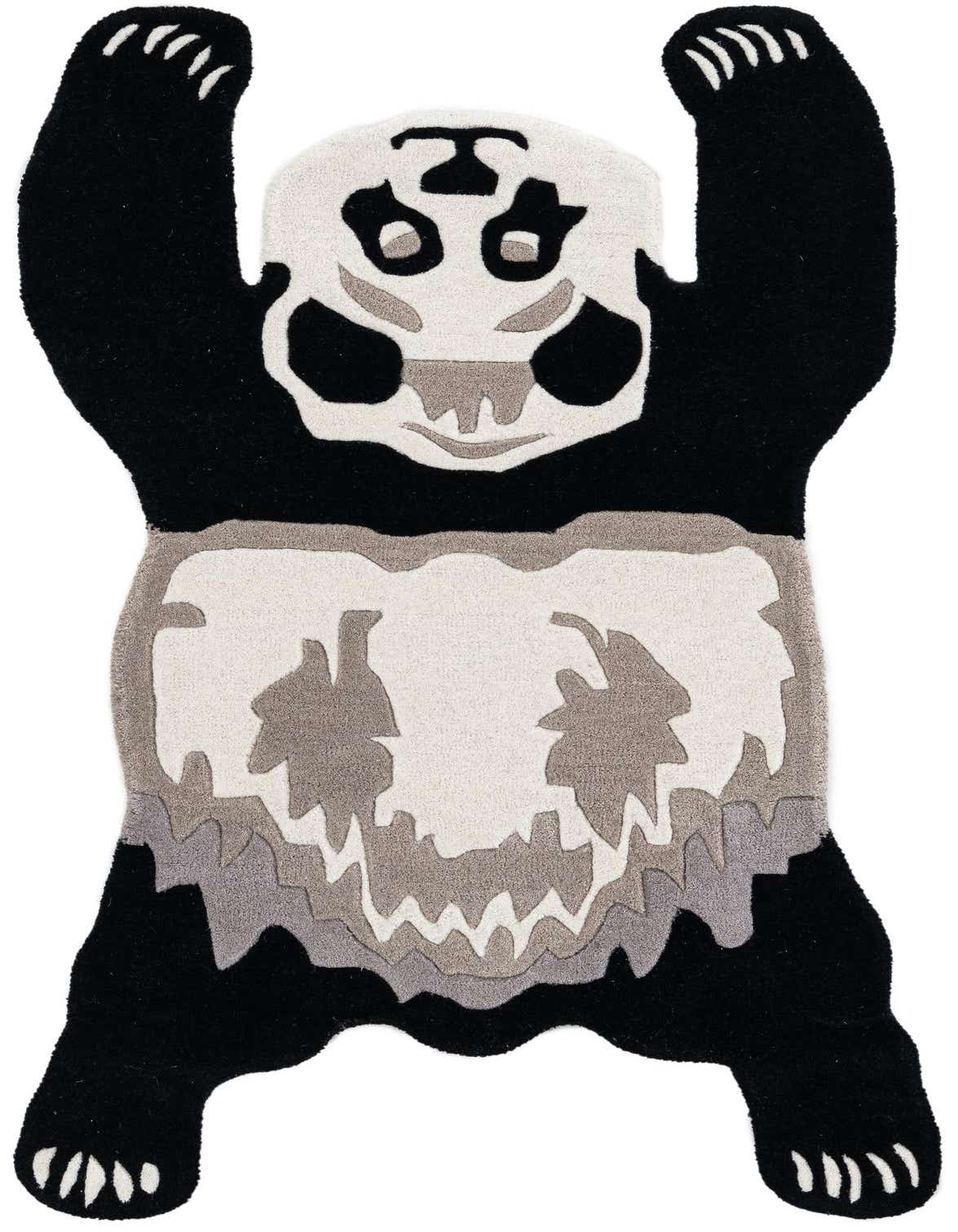 A 3' 1 x 5' 3 freeform black and gray panda-shaped rug with a high pile, perfect for a child's room.