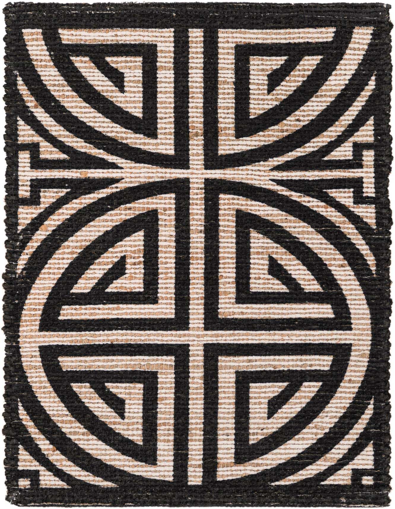 A 2x3 rectangular Chenille Jute rug featuring a bold black modern geometric pattern against an ivory and natural jute background.