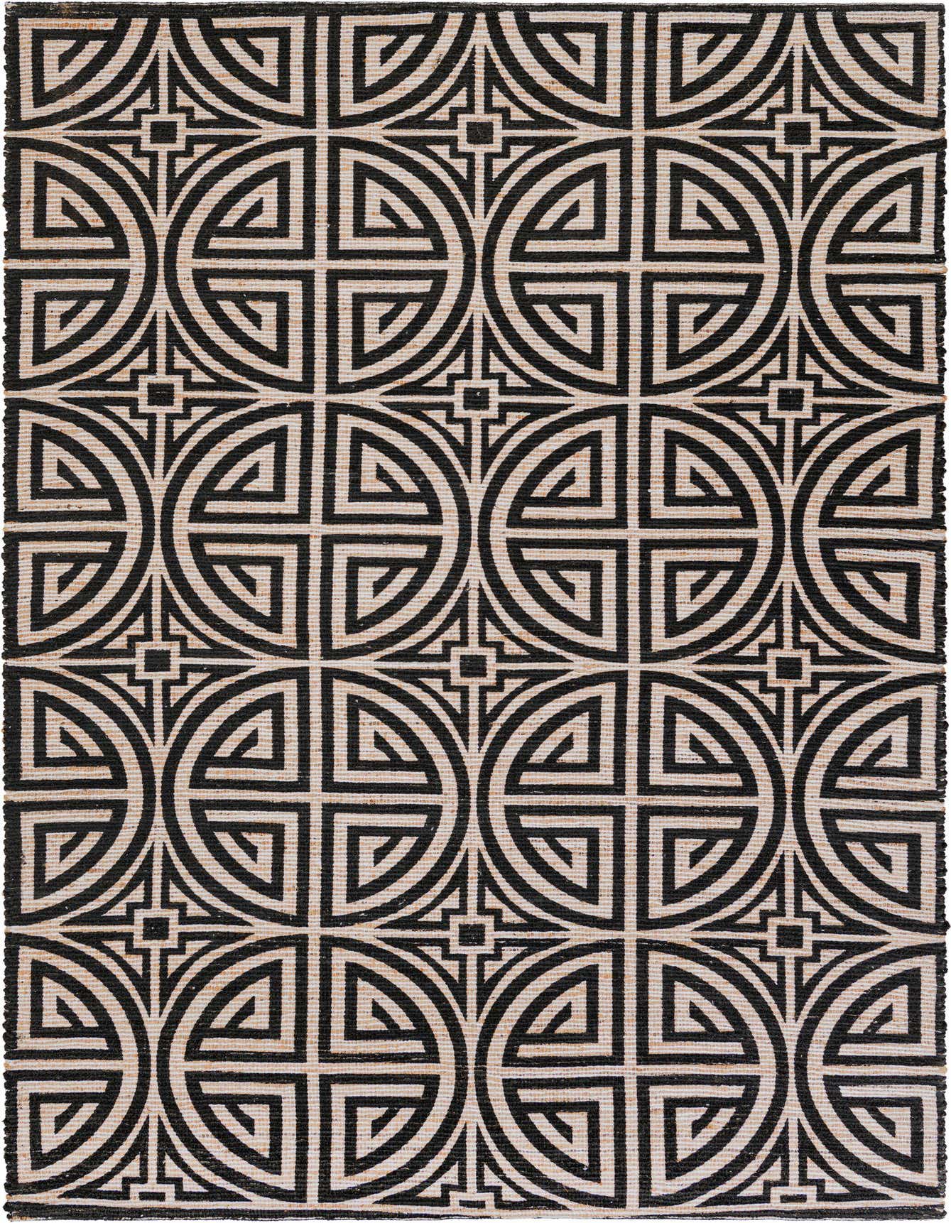 A 6x9 rectangular Rugs.com Chenille Jute rug featuring a bold black and ivory modern geometric pattern with interlocking circles and squares.