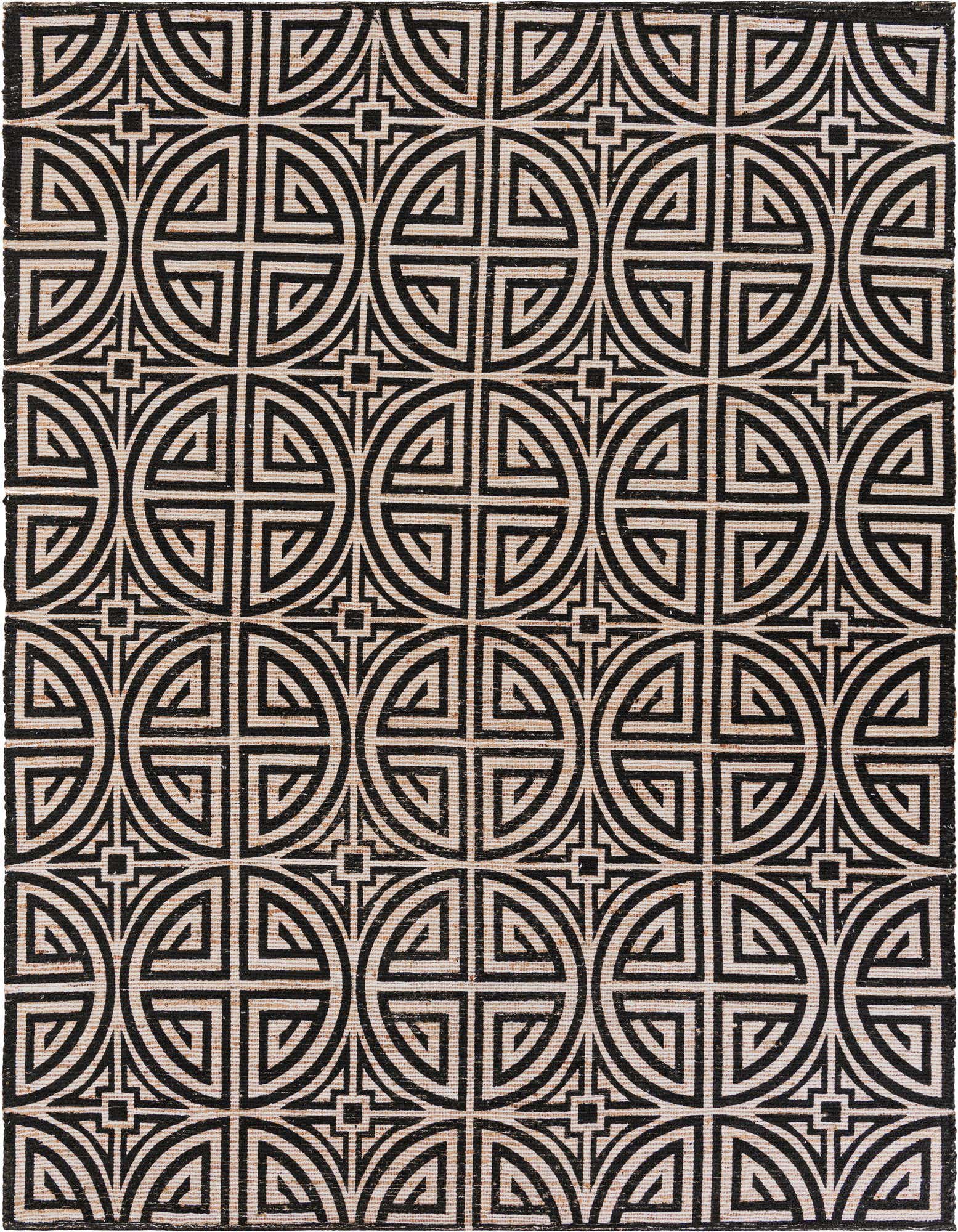A rectangular 8x10 black and ivory chenille and jute rug with a bold geometric pattern of interlocking circles and squares.