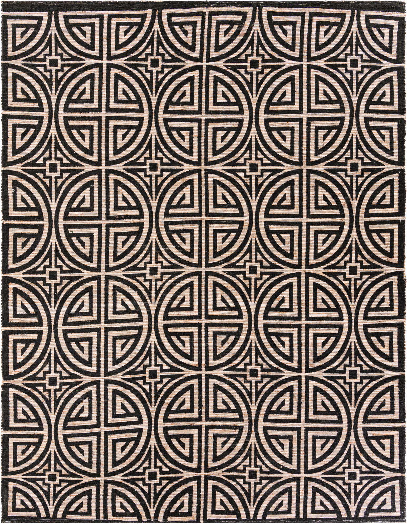 A 9x12 rectangular Chenille & Jute rug featuring a bold black and ivory geometric pattern with interlocking circles and squares.