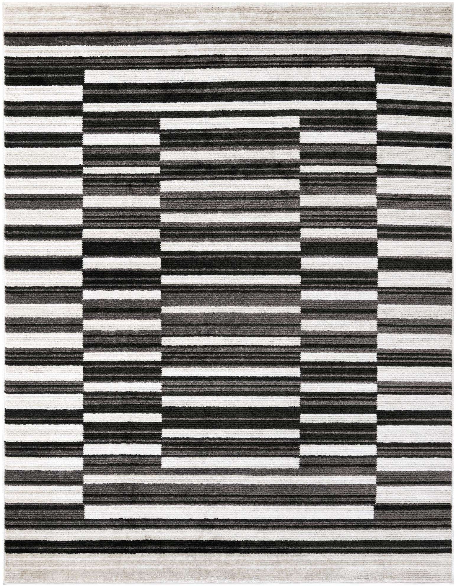 A rectangular 8x10 Odyssey rug featuring a modern stripe pattern in varying shades of black, ivory, and cream.