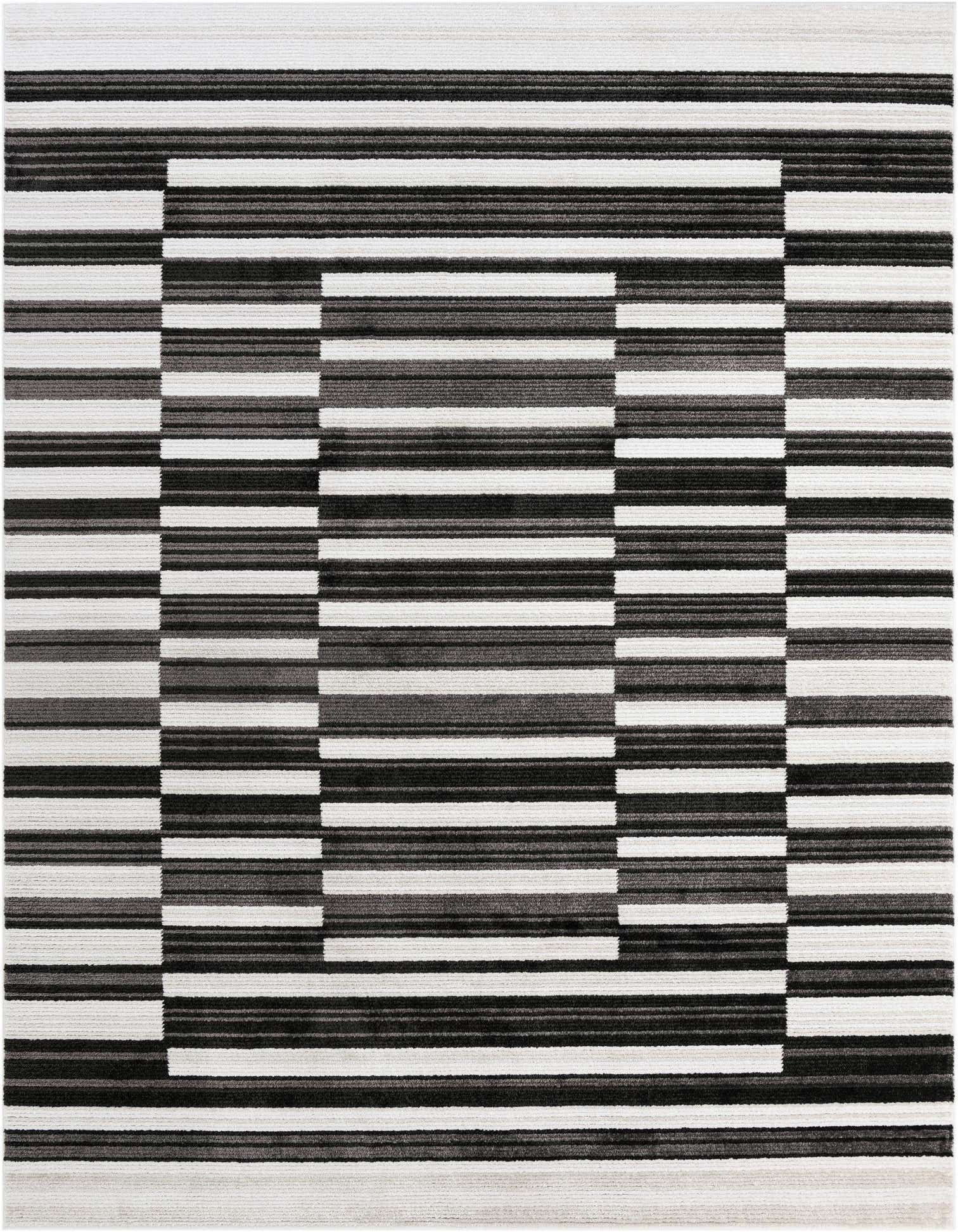 A 9x12 rectangular rug featuring a bold geometric pattern of alternating black, charcoal, and ivory horizontal stripes, forming a large central rectangle.