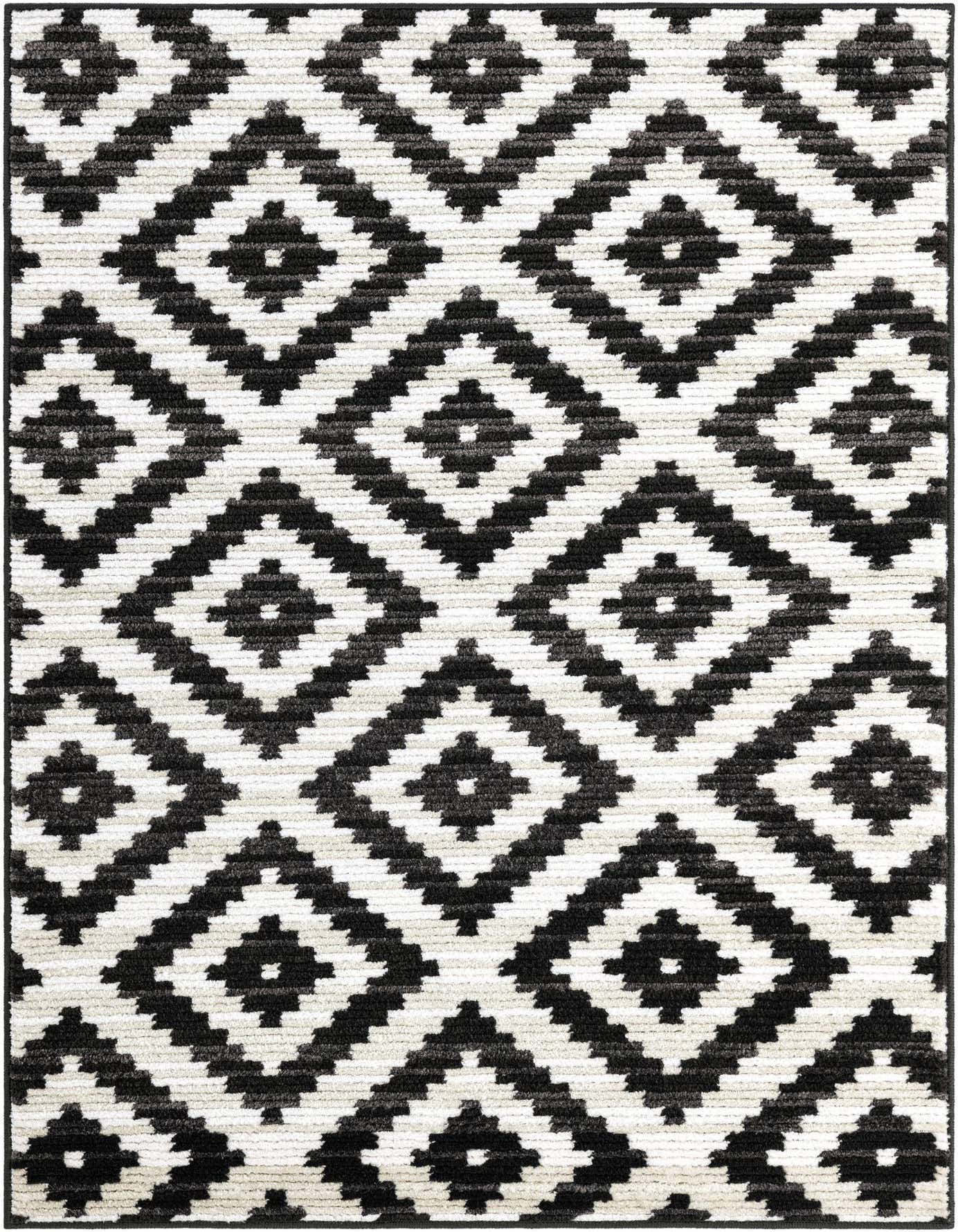 A 4x6 rectangular Rugs.com Odyssey rug featuring a modern black and ivory geometric diamond pattern with a textured pile.