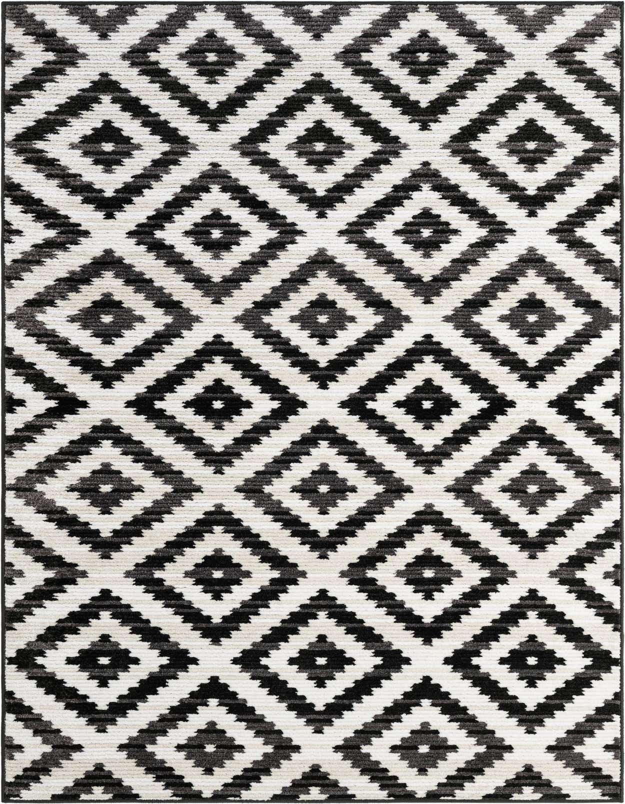 A 5x8 rectangular Odyssey rug by Rugs.com featuring a modern black and ivory geometric diamond pattern with a textured pile.