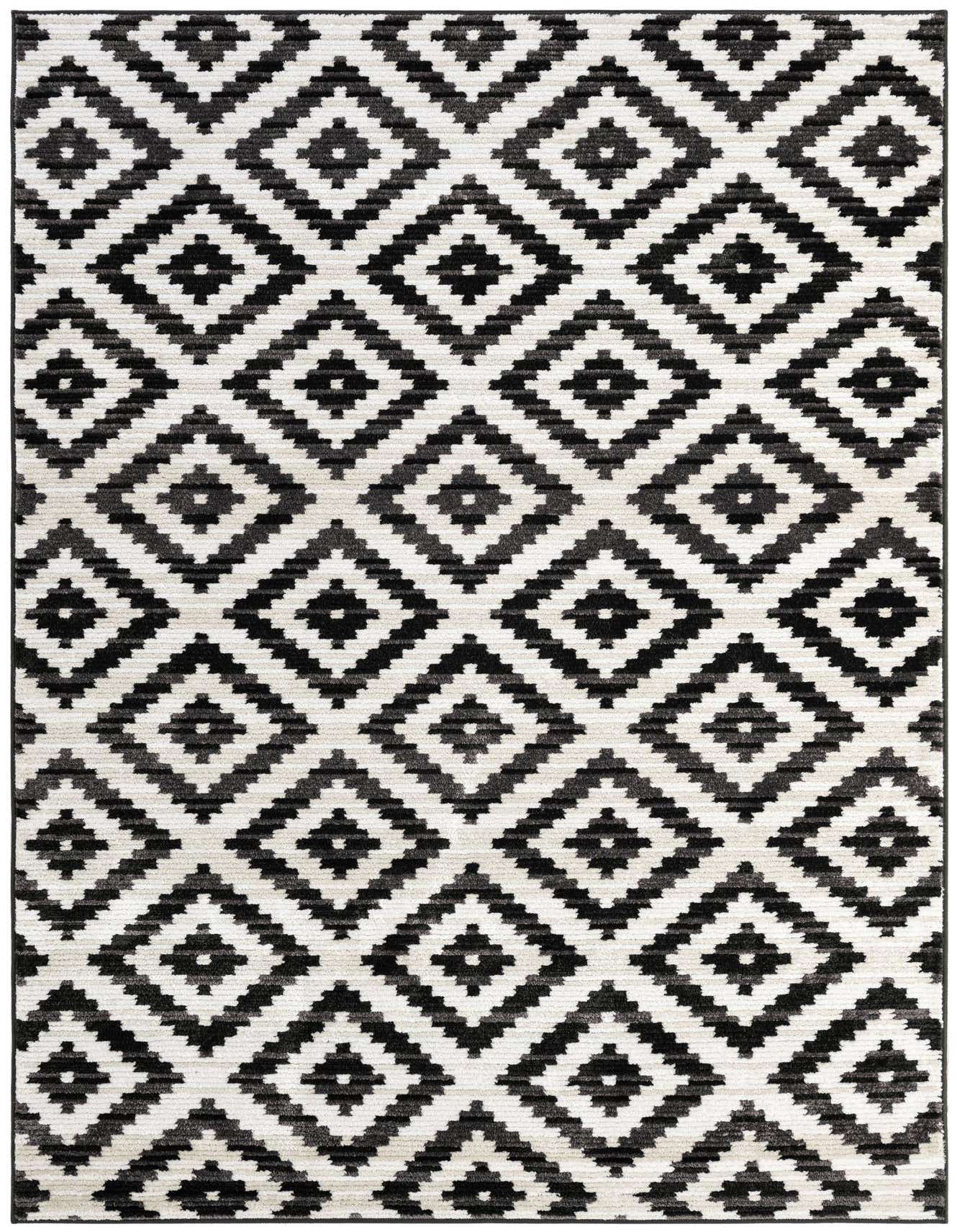A 6x9 rectangular Rugs.com Odyssey rug with a modern black and ivory geometric diamond pattern and textured pile.