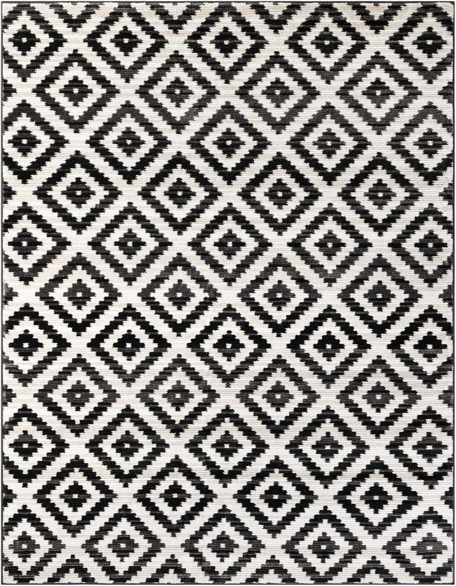 A rectangular 8x10 Odyssey rug featuring a bold black and ivory modern geometric diamond pattern with a textured pile.