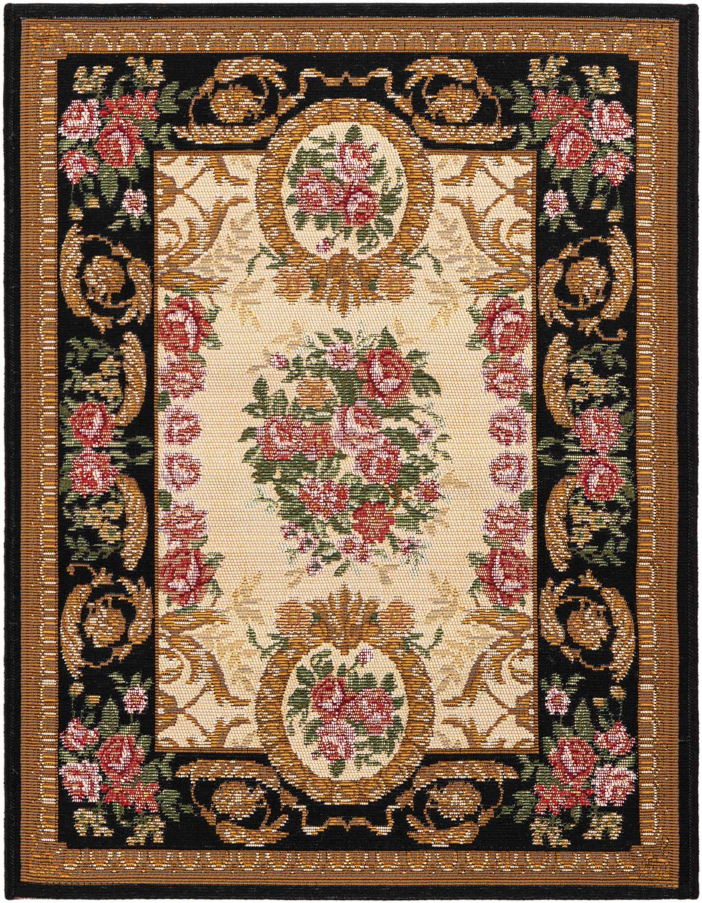 A 2x3 rectangular Rugs.com Outdoor Traditional rug featuring a black and ivory floral medallion pattern with red roses and gold accents.